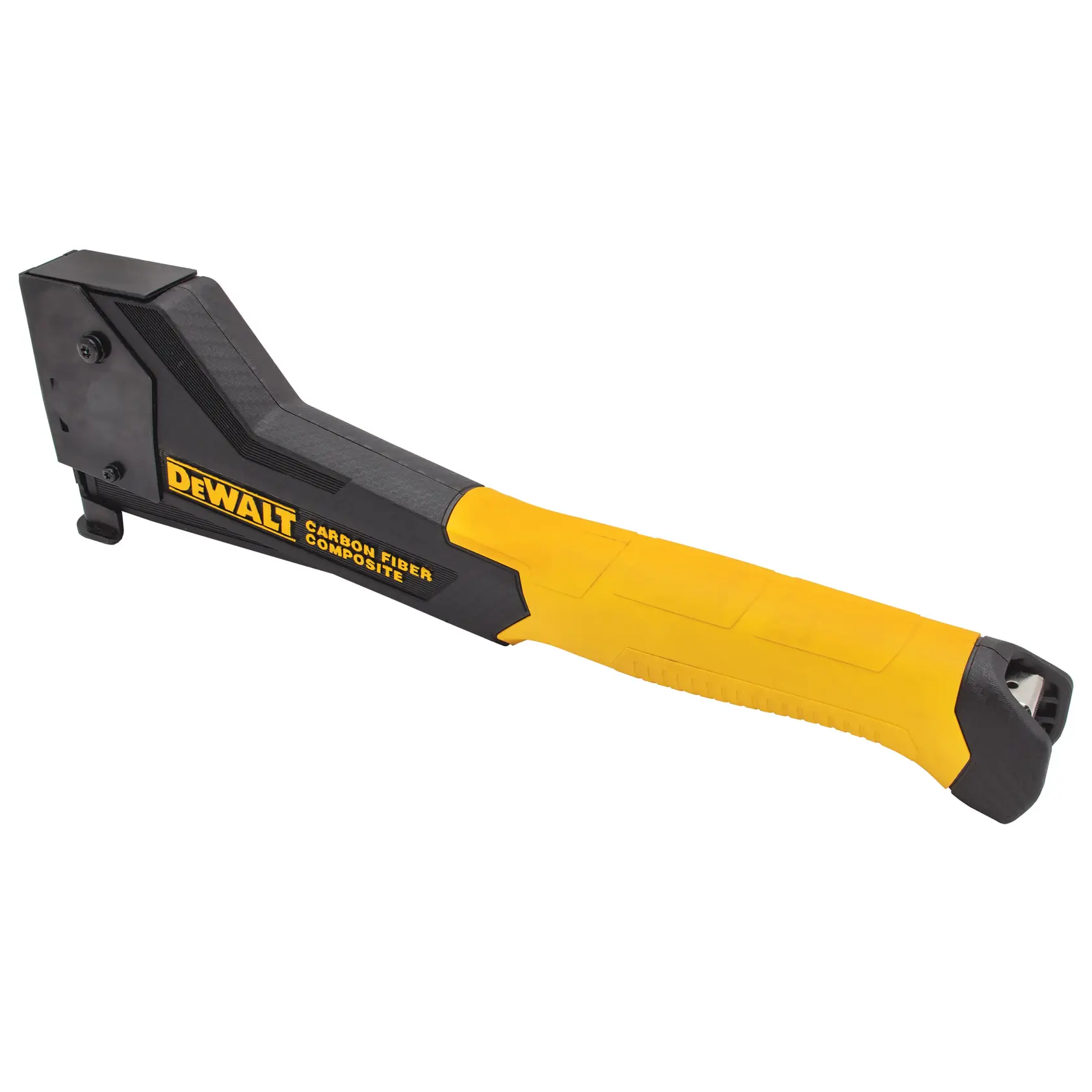 Ein DEWALT Hammer-Tacker aus Carbonfaser-Verbund mit gelb-schwarzem Griff, seitlich abgebildet.