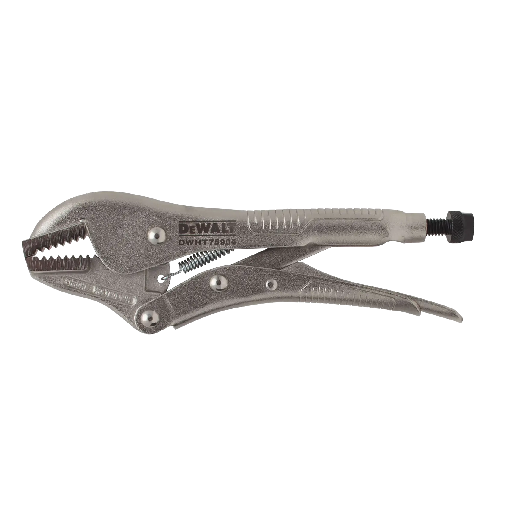 A DEWALT locking pliers tool with serrated jaws and an adjustable screw, model DWHT75904, shown against a white background.