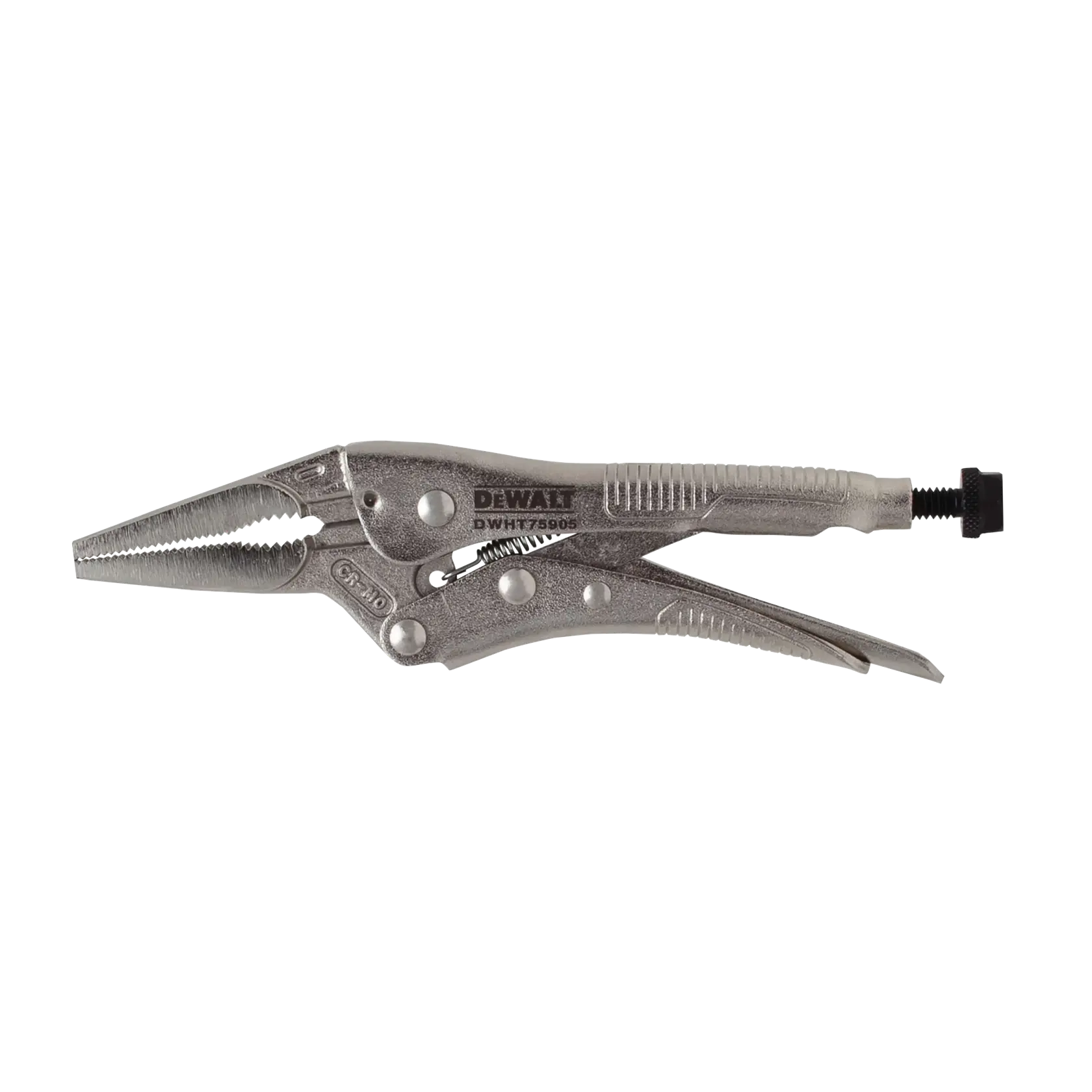 A DEWALT DWHT75905 locking pliers with long, serrated jaws and a metallic finish, shown isolated on a white background.