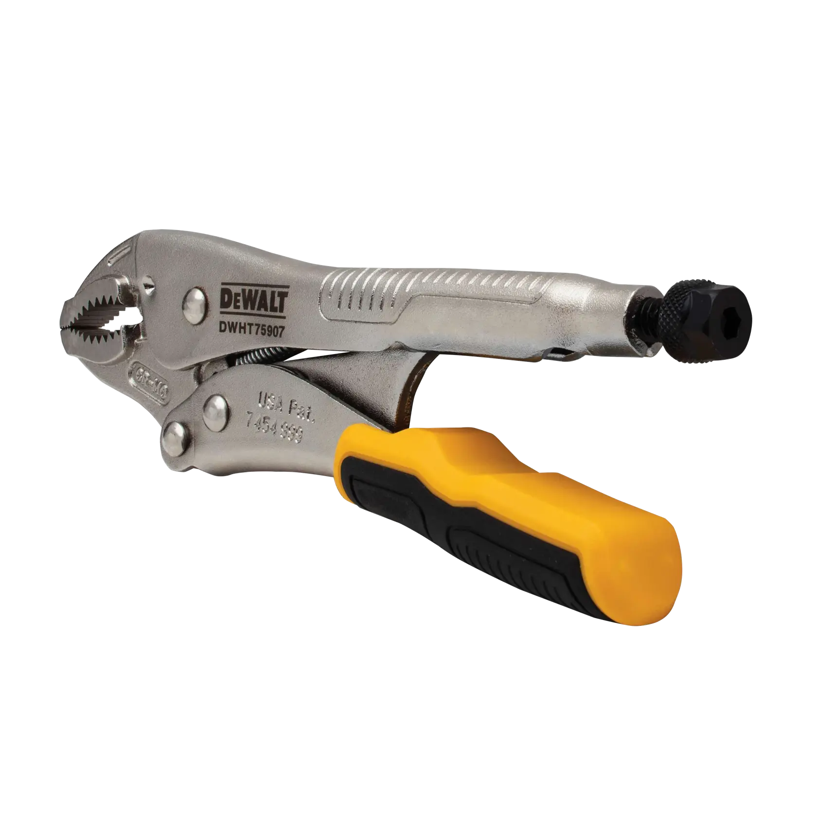A DEWALT locking pliers with a metallic body and yellow and black handle, model DWHT75907, shown against a white background.