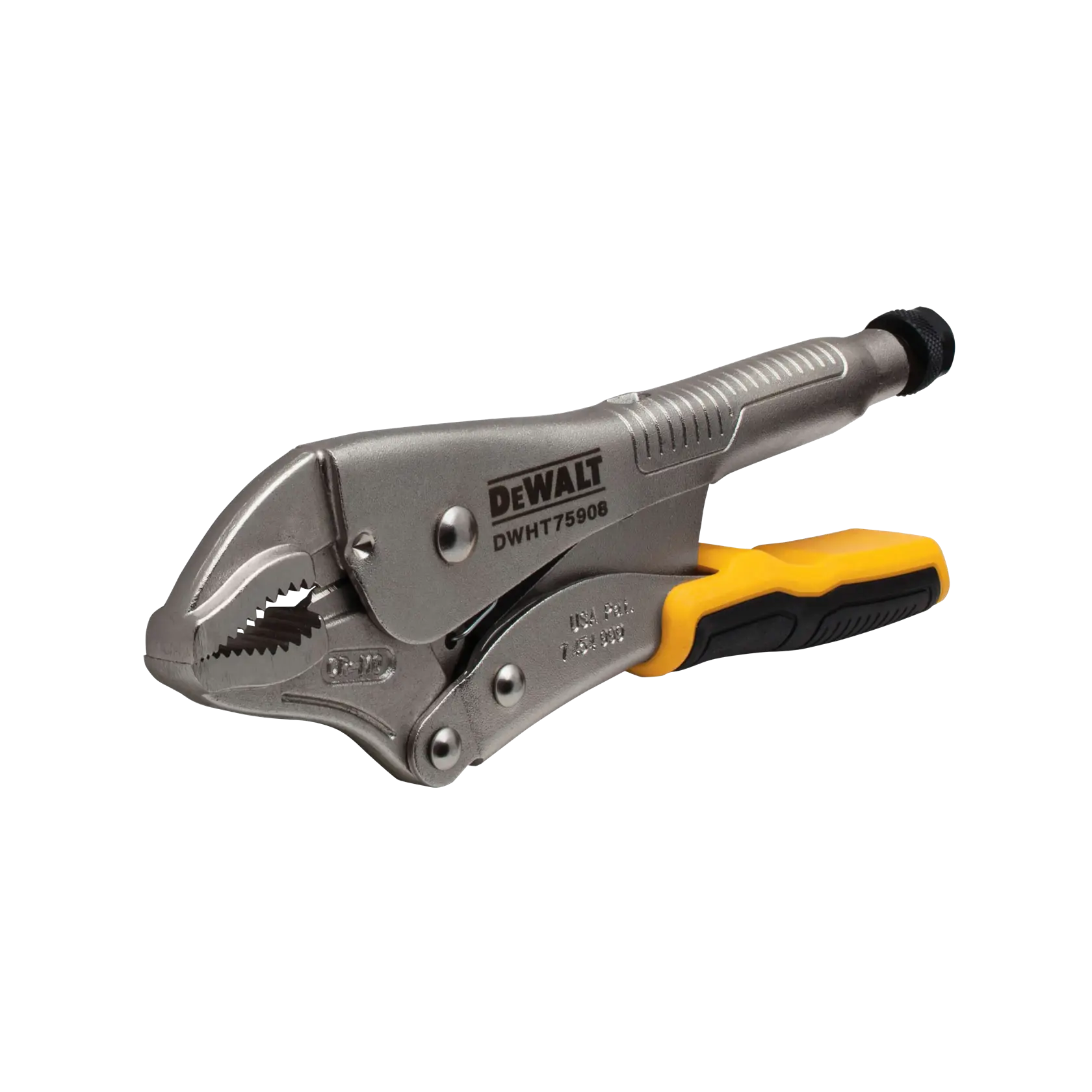 A DEWALT locking pliers tool, model DWHT75908, made of metal with a yellow and black handle, shown against a white background.