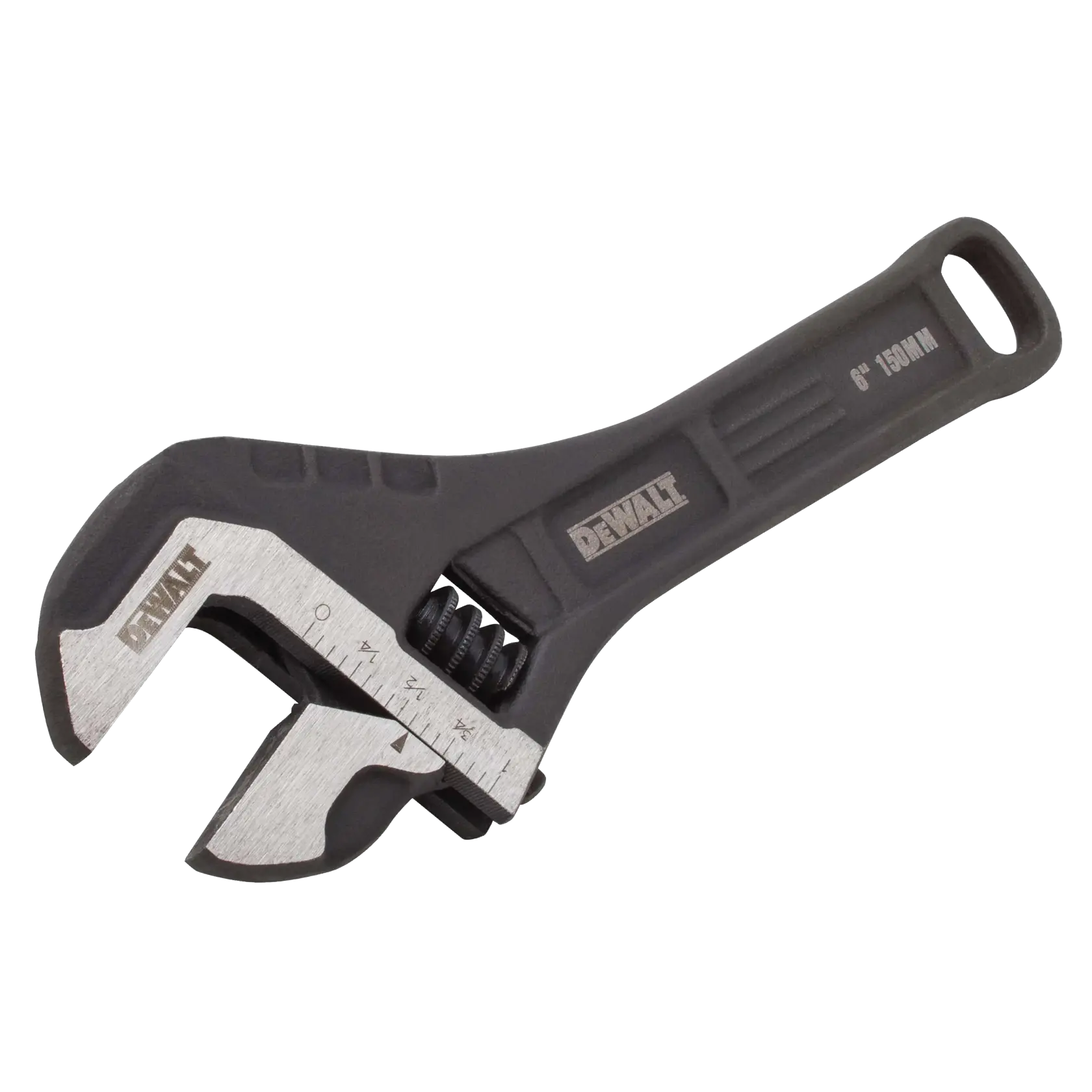 A DEWALT adjustable wrench with a black handle and marked measurement scale on the jaw. The tool is shown against a white background.