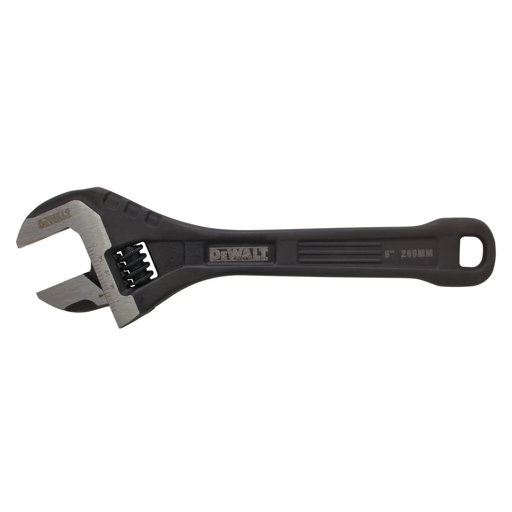 DEWALT adjustable wrench, metal and black, 8-inch size, with a hole in the handle for hanging.