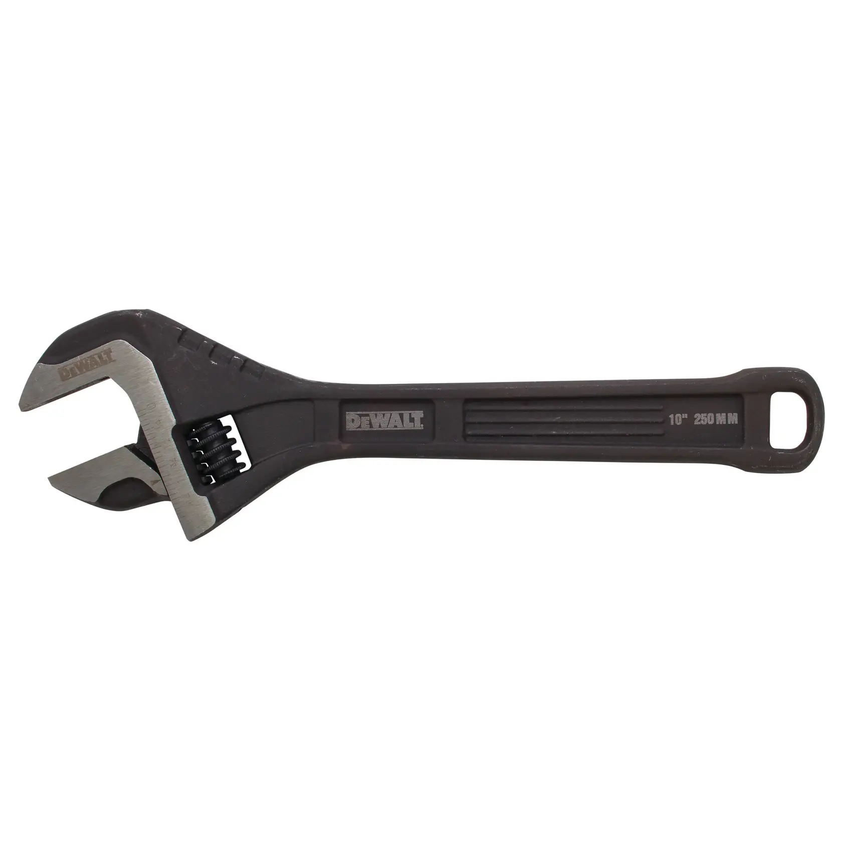 DEWALT adjustable wrench with black handle and silver jaw, shown on a white background.