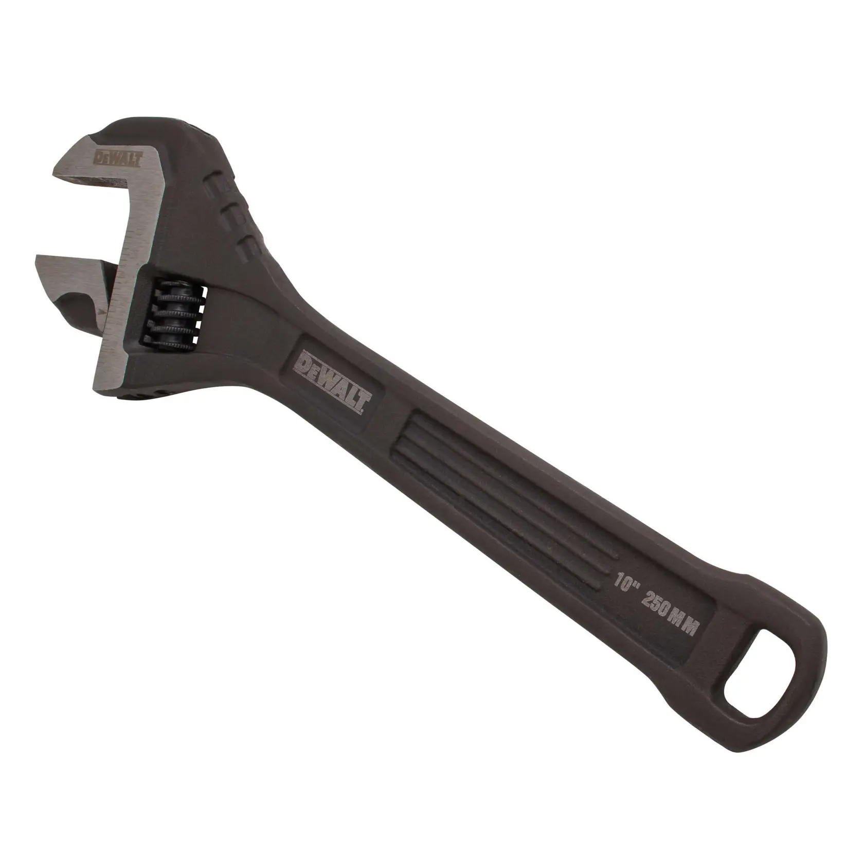 A DEWALT adjustable wrench with a black handle and silver adjustable jaw, labeled as 10 inches (250 mm), shown against a white background.