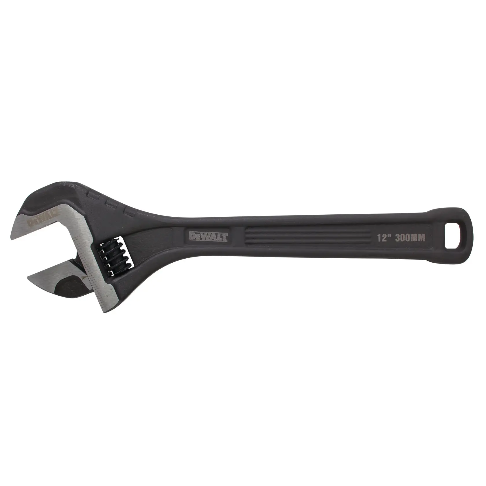 DEWALT adjustable wrench, 12 inch (300mm) length, black handle with silver jaws.
