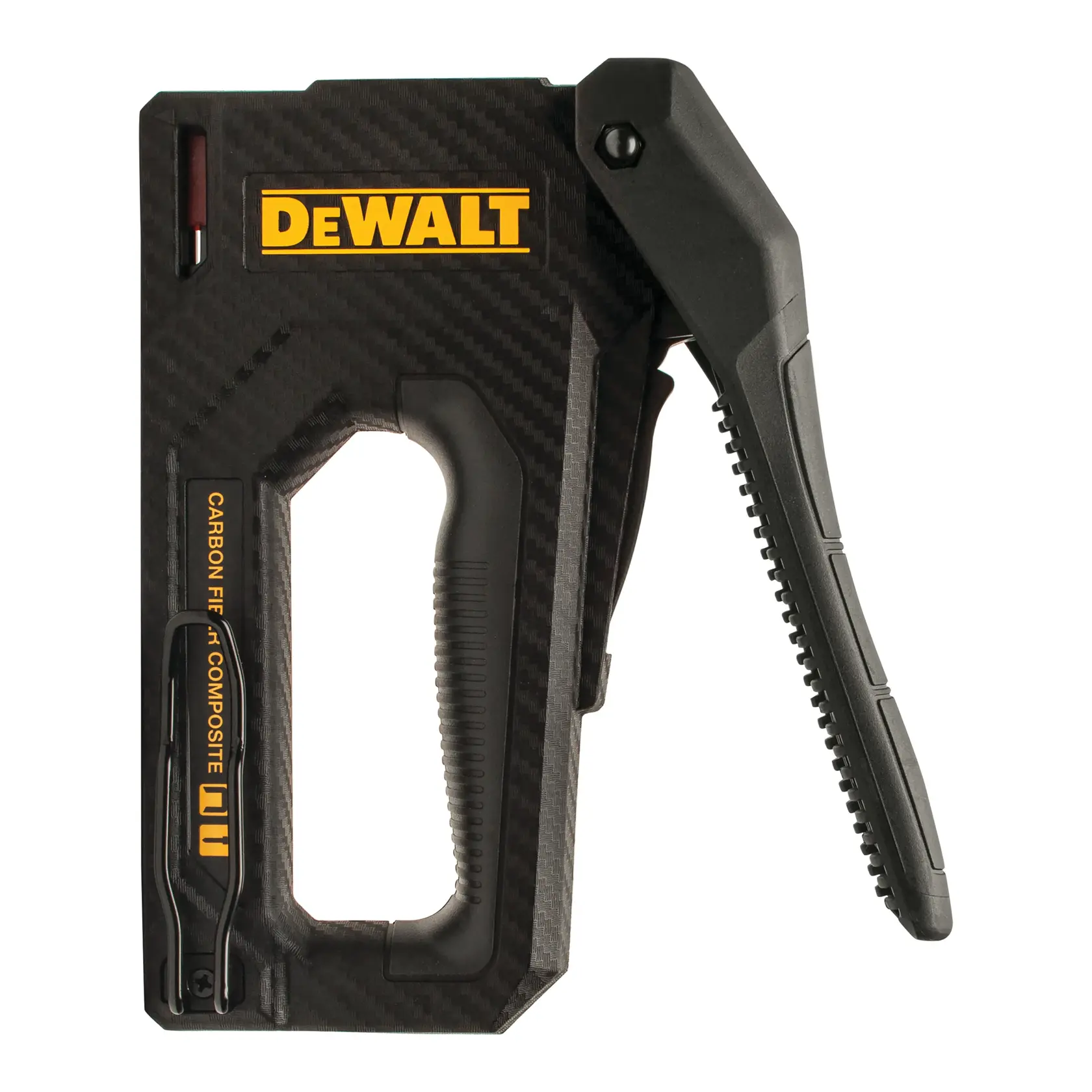 Ein DEWALT Handtacker aus Carbonfaser-Verbundmaterial mit schwarzem und gelbem Design, ergonomischem Griff und kompakter Bauweise.