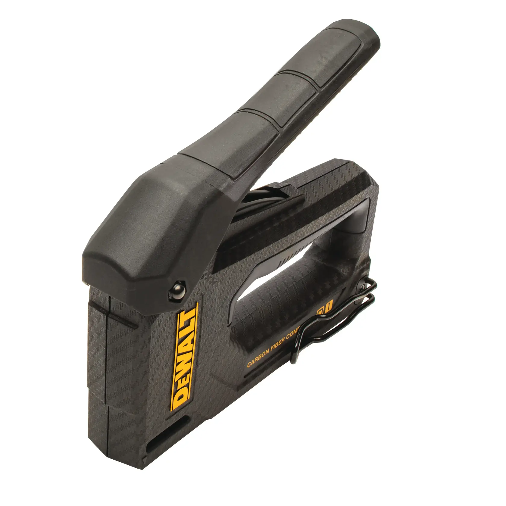 DEWALT Heftgerät aus Carbonfaser mit schwarz-gelbem Design, ergonomischem Griff und sichtbarem Markenlogo an der Seite.