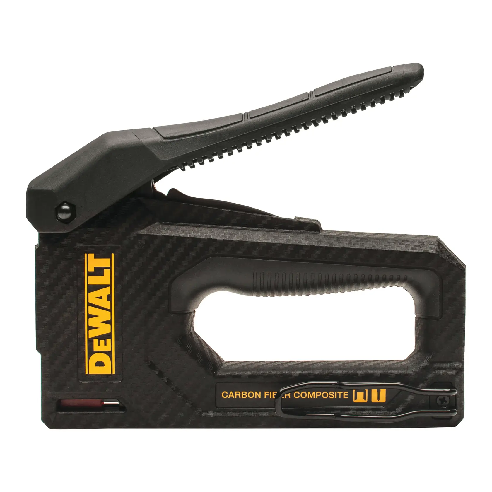 DEWALT carbon fiber composite staple gun with ergonomic handle, side clip, and yellow branding logo.