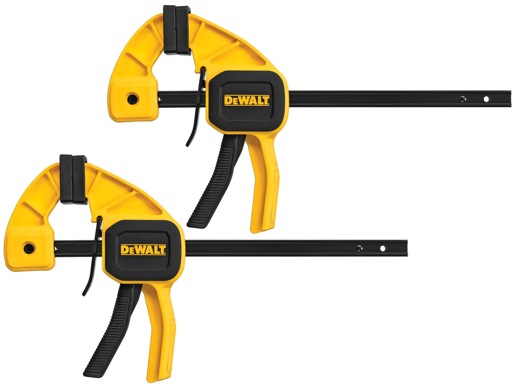 Two DEWALT yellow and black bar clamps with ergonomic handles and trigger mechanisms, positioned side by side on a white background.