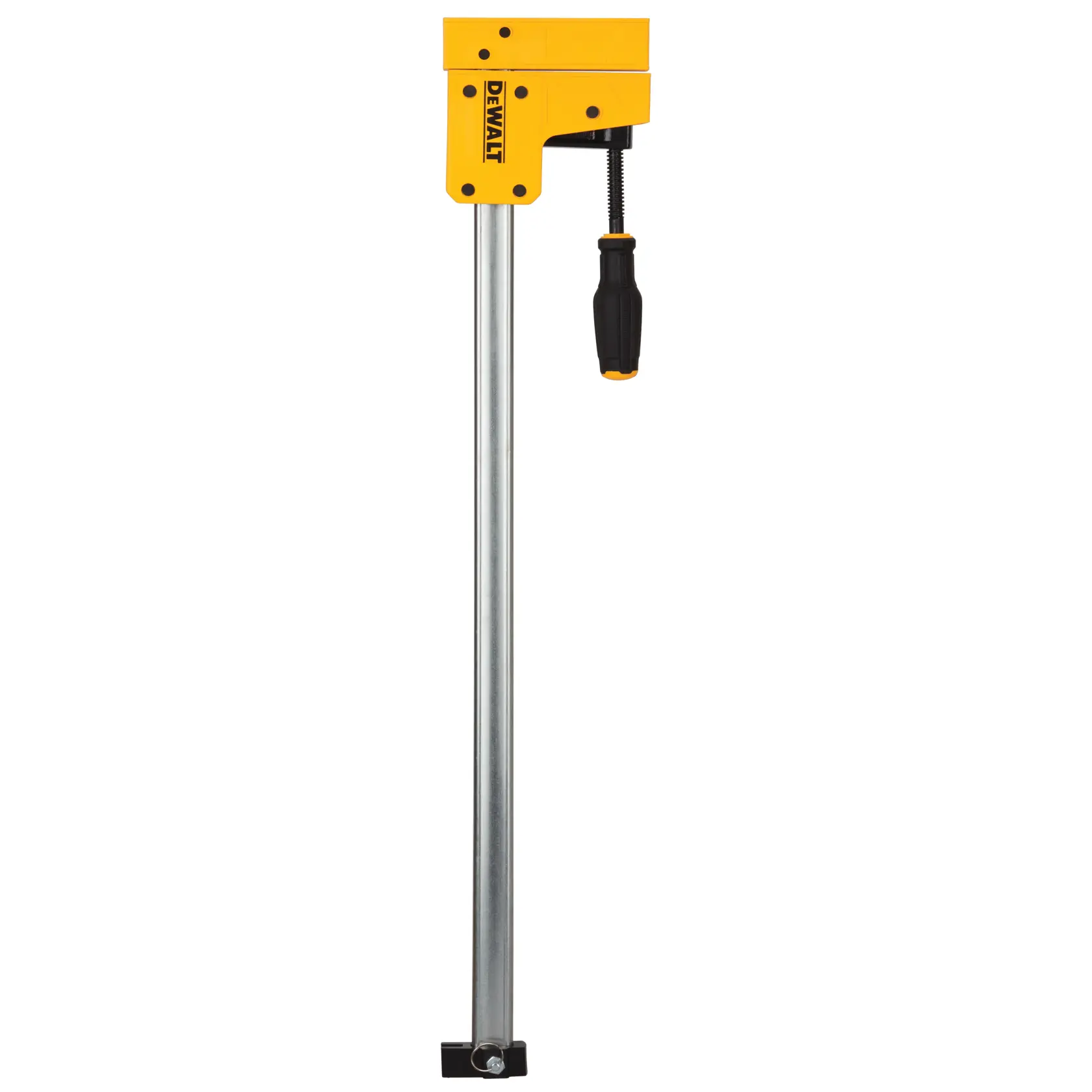A DEWALT bar clamp with a yellow adjustable jaw and handle, used for woodworking and securing materials.