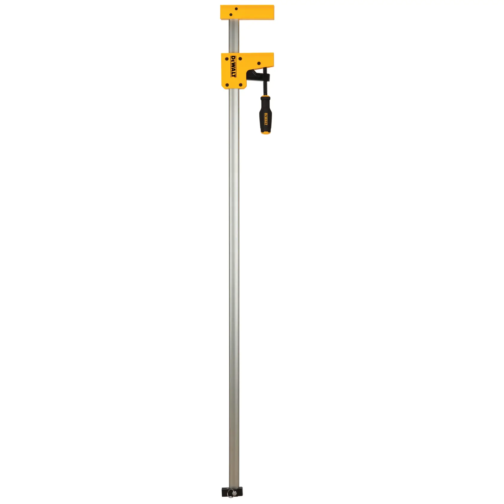 DEWALT metal bar clamp with yellow body and black handle, used for woodworking and material fastening.
