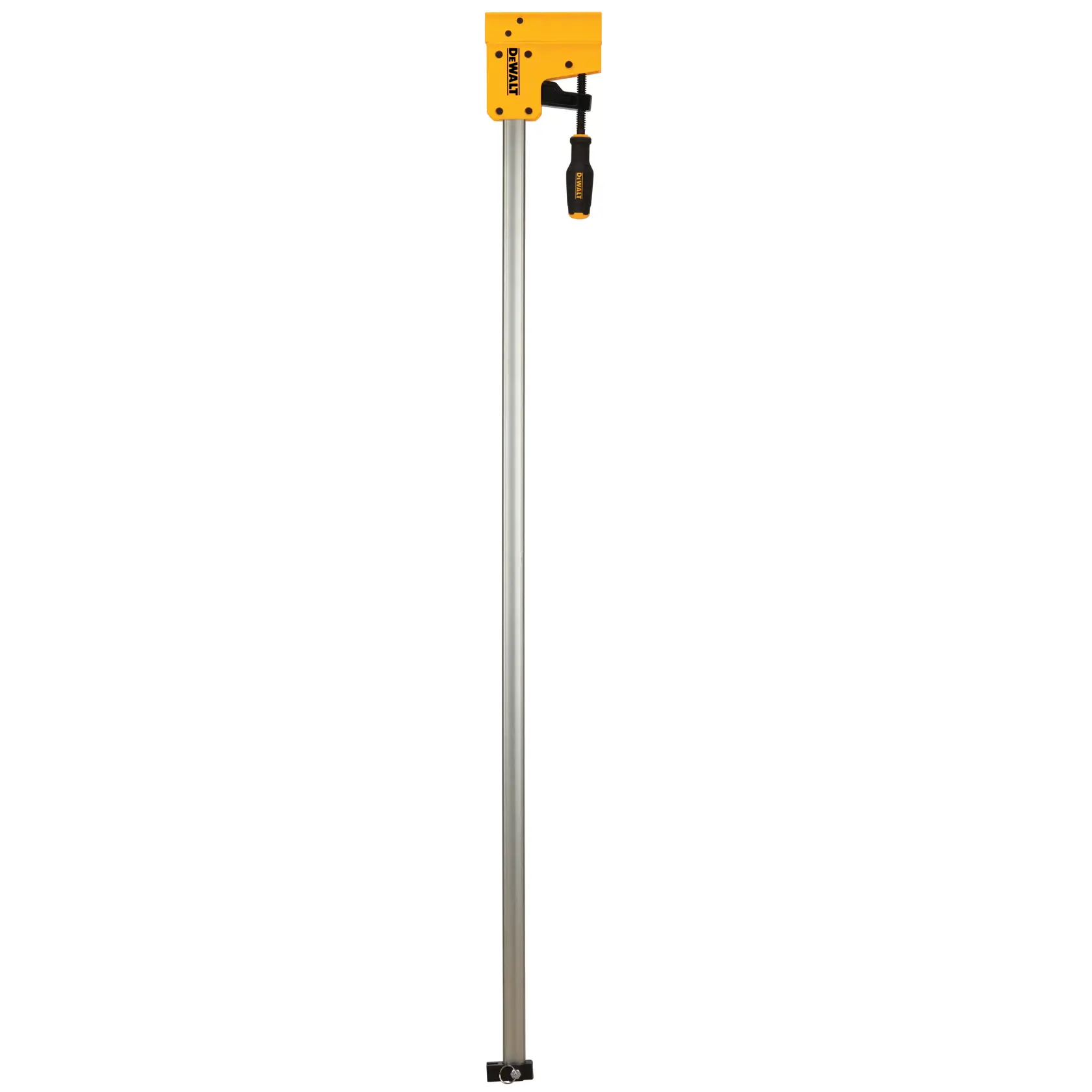 A DEWALT bar clamp with a long metal bar and a yellow adjustment mechanism at the top, featuring a black and yellow handle.
