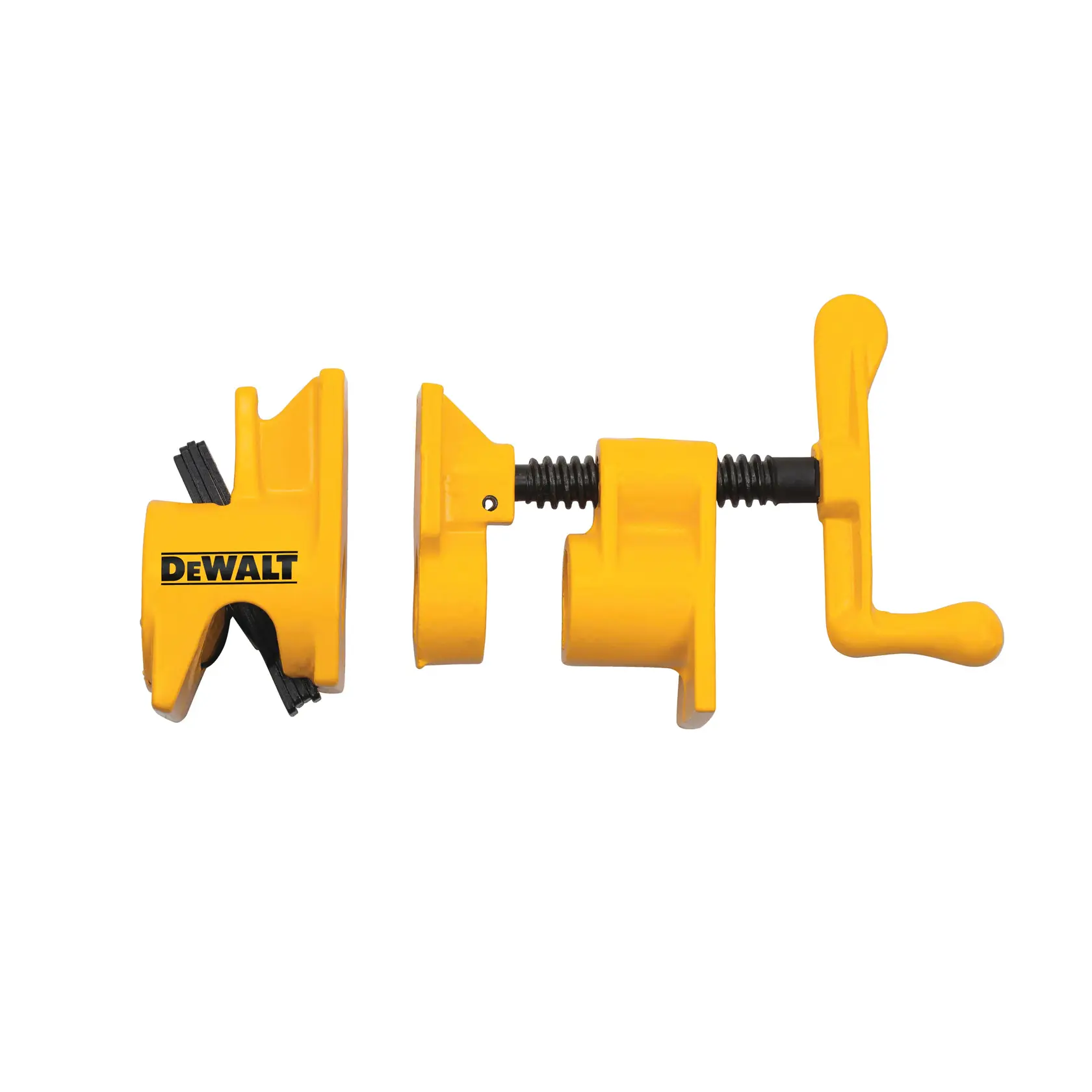 DEWALT yellow pipe clamp set, two parts, used for woodworking and securing pipes.