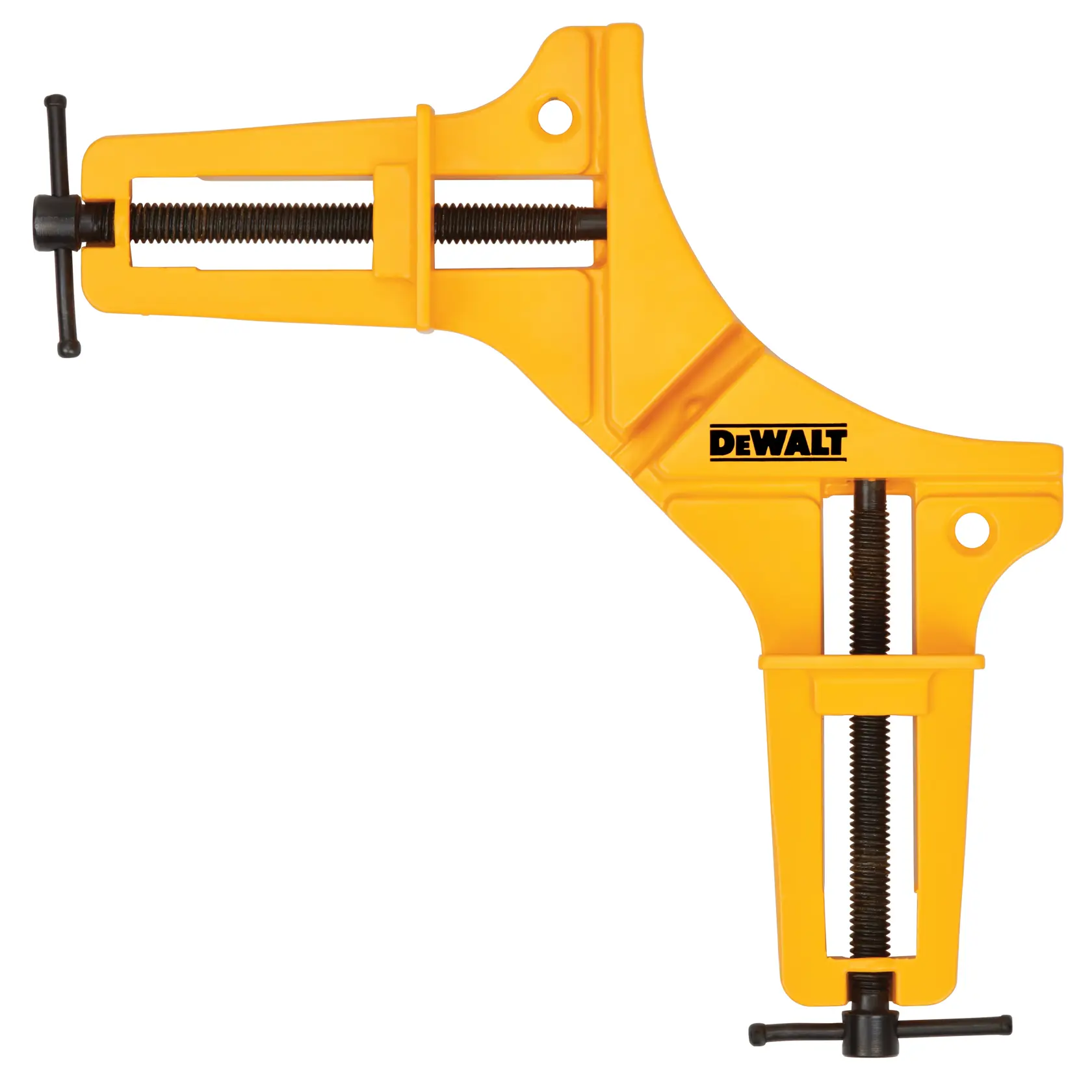 Eine gelbe DEWALT-Eckzwinge, die zum Halten von zwei Materialien im 90-Grad-Winkel verwendet wird. Die Zwinge verfügt über zwei schwarze Gewindeschrauben mit Griffen zum Festziehen und Sichern der Materialien sowie das DEWALT-Logo.