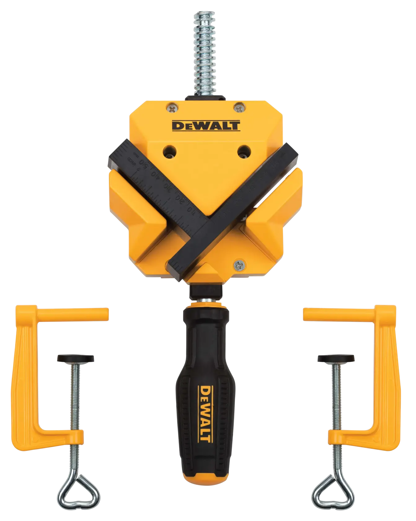 DEWALT yellow and black corner clamp tool with handle and two additional yellow C-clamps, shown on a white background.
