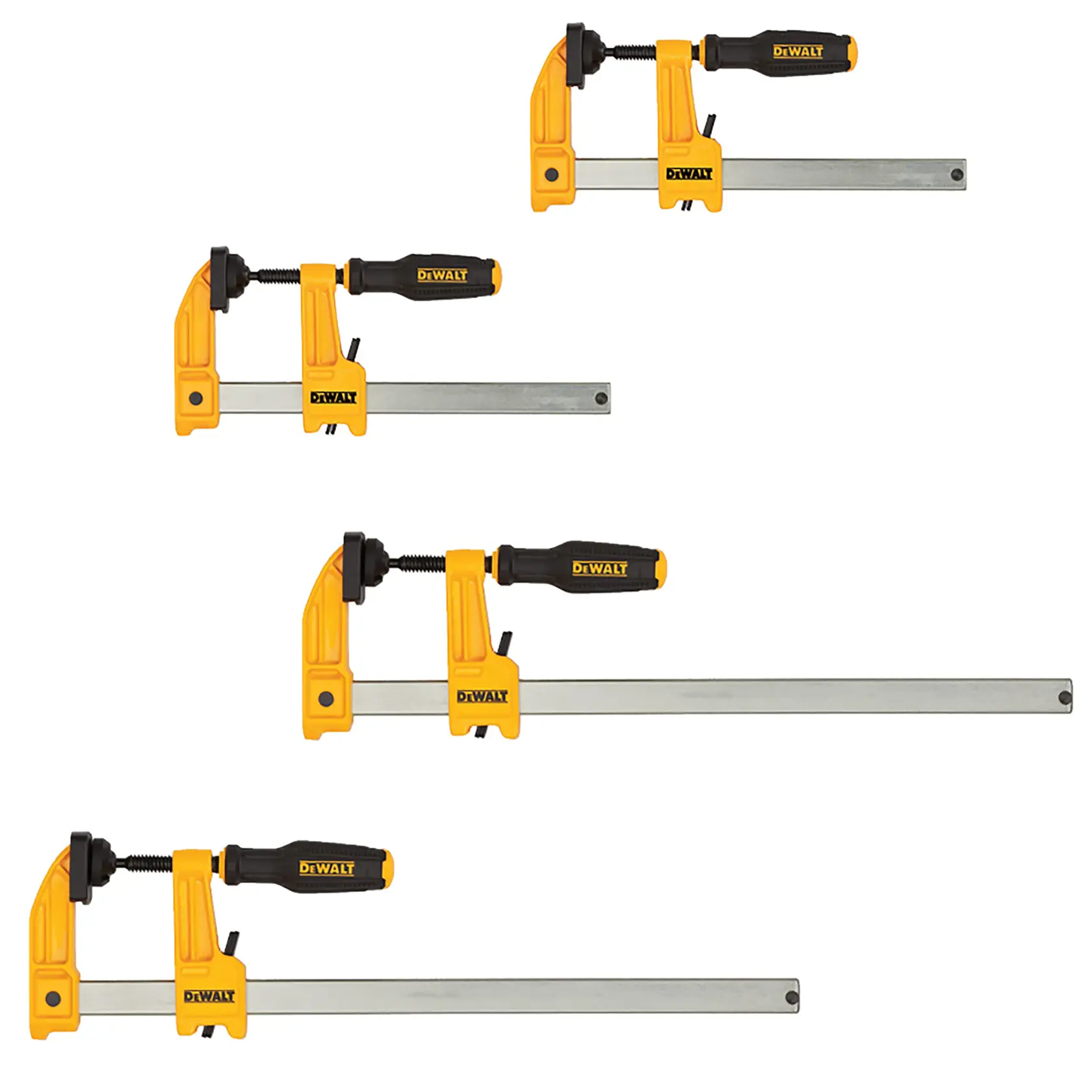 Four DEWALT bar clamps of different sizes, featuring yellow and black handles, displayed against a white background.