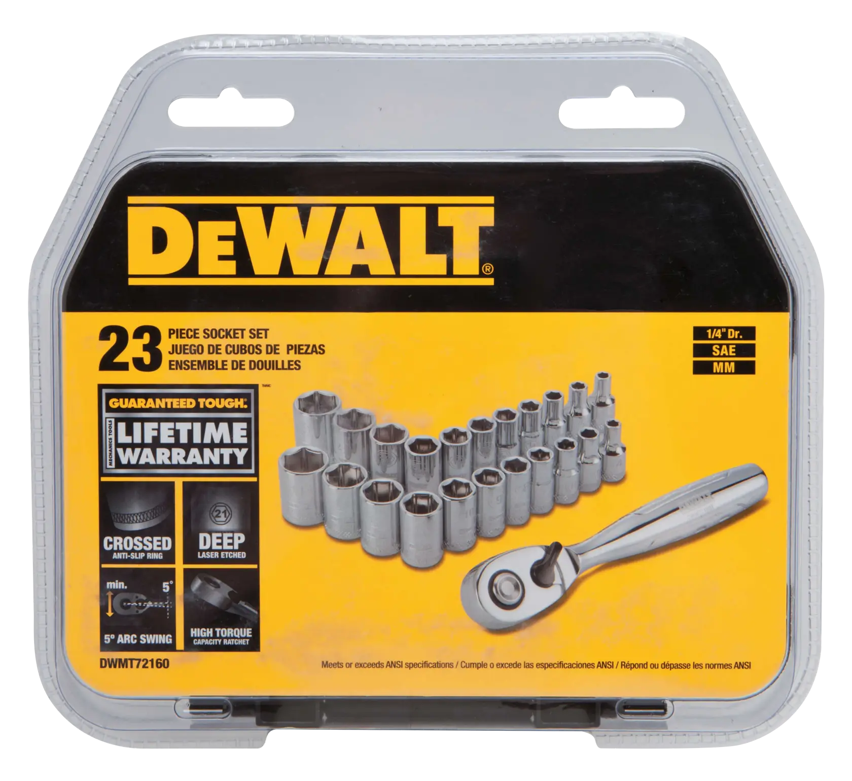 DEWALT 23-piece socket set in gray case, includes ratchet and sockets. Labeled with lifetime warranty.