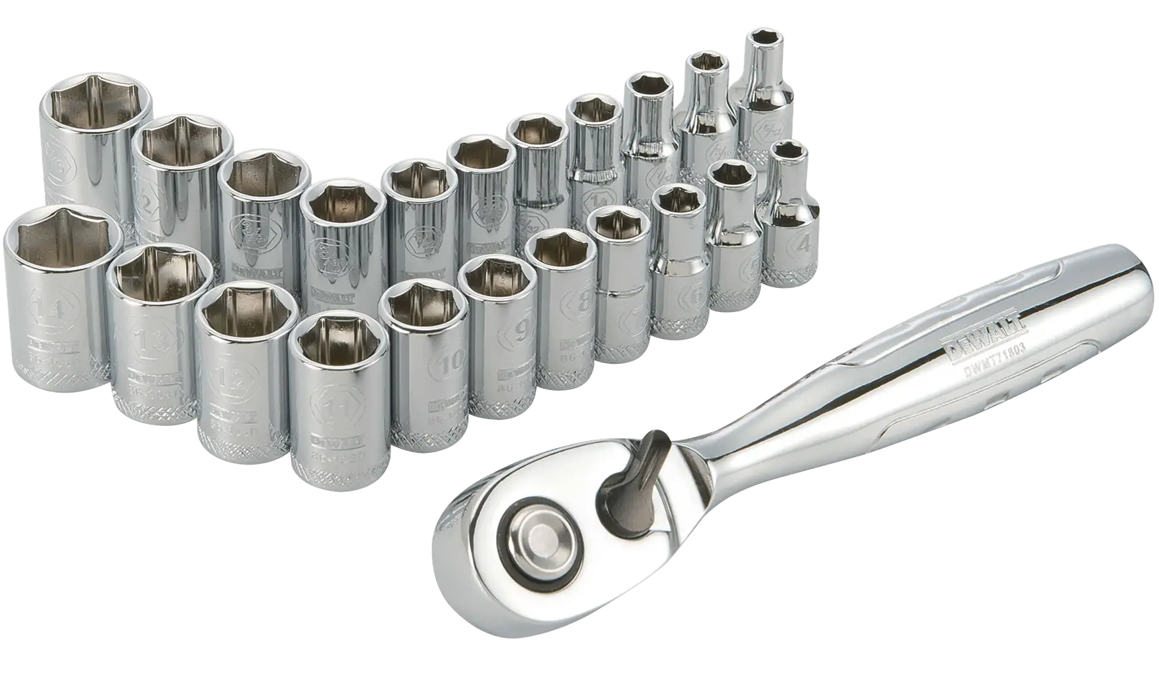A DEWALT socket wrench set, SKU DWMT72160, featuring a chrome ratchet handle and an array of chrome sockets in various sizes arranged in rows.