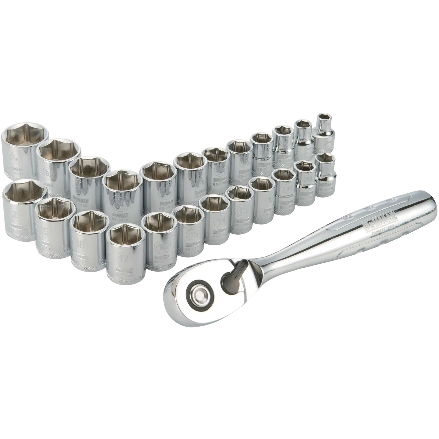 A DEWALT socket wrench set with a polished ratchet handle and multiple chrome sockets of various sizes arranged in rows.