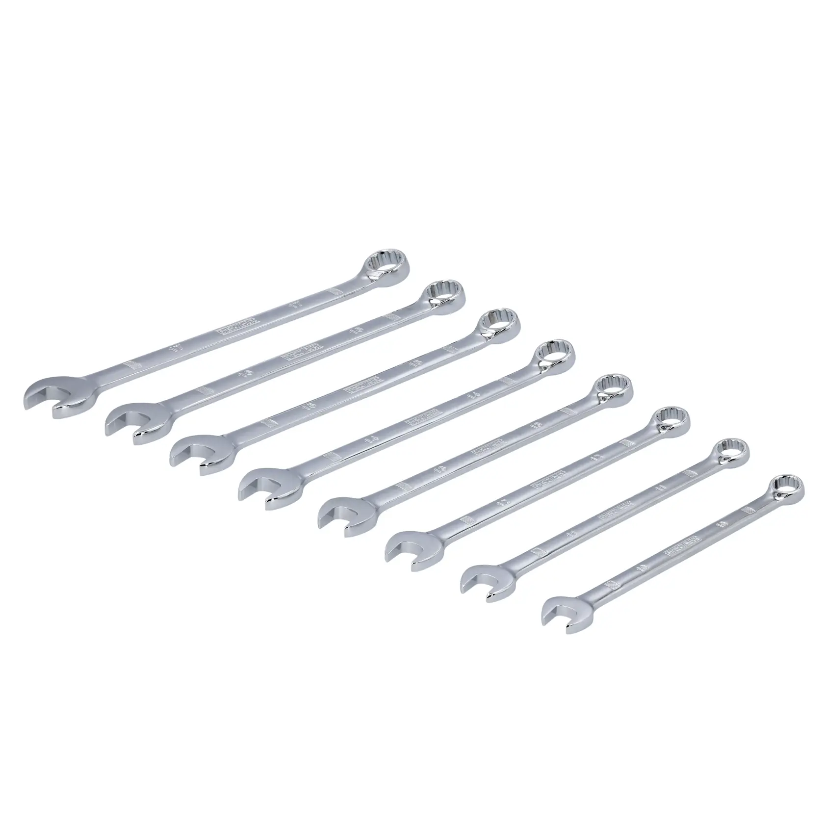 Set of eight DEWALT combination wrenches in different sizes, arranged in a row on a white background.