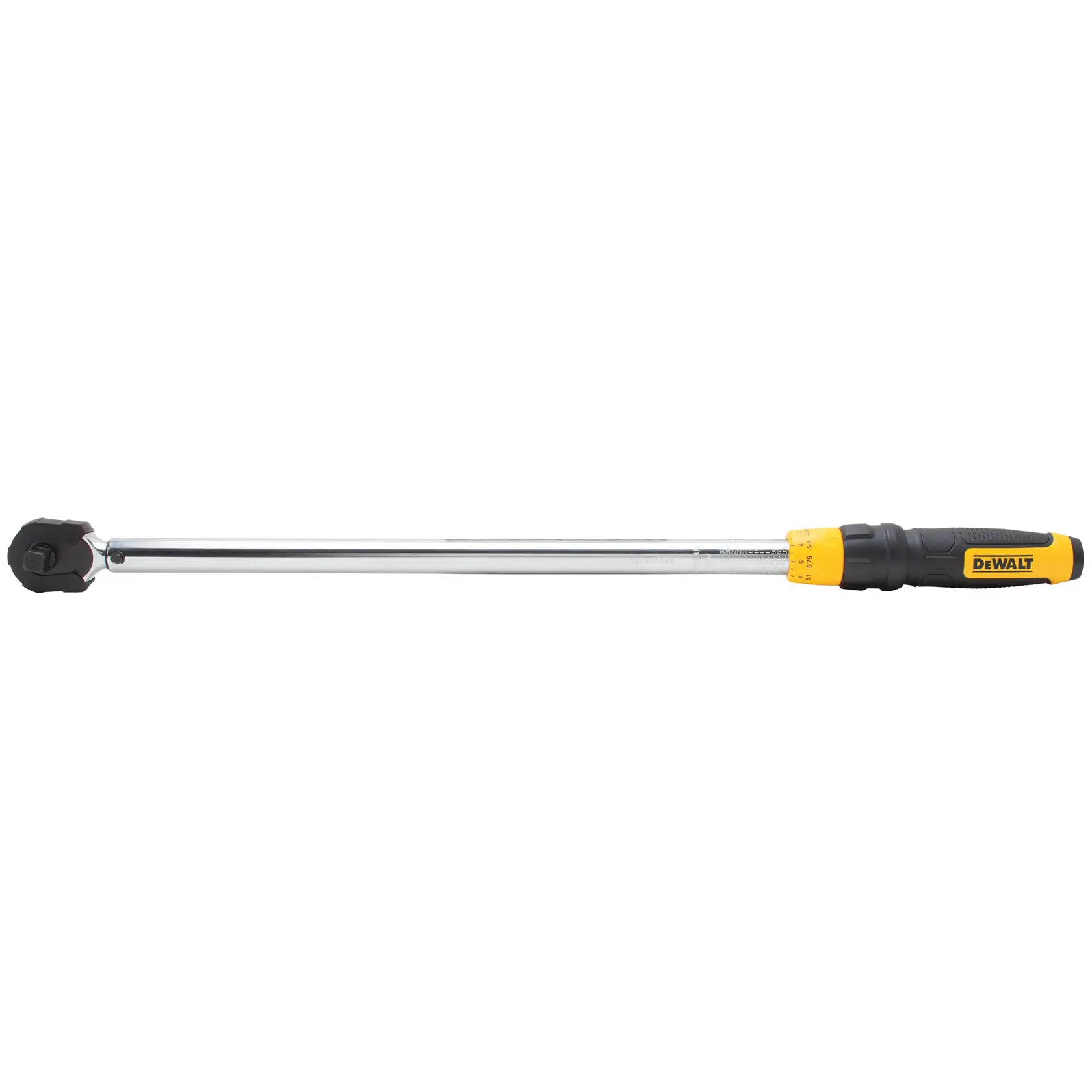 DEWALT torque wrench with black and yellow handle, long metal shaft, used for precise bolt tightening.