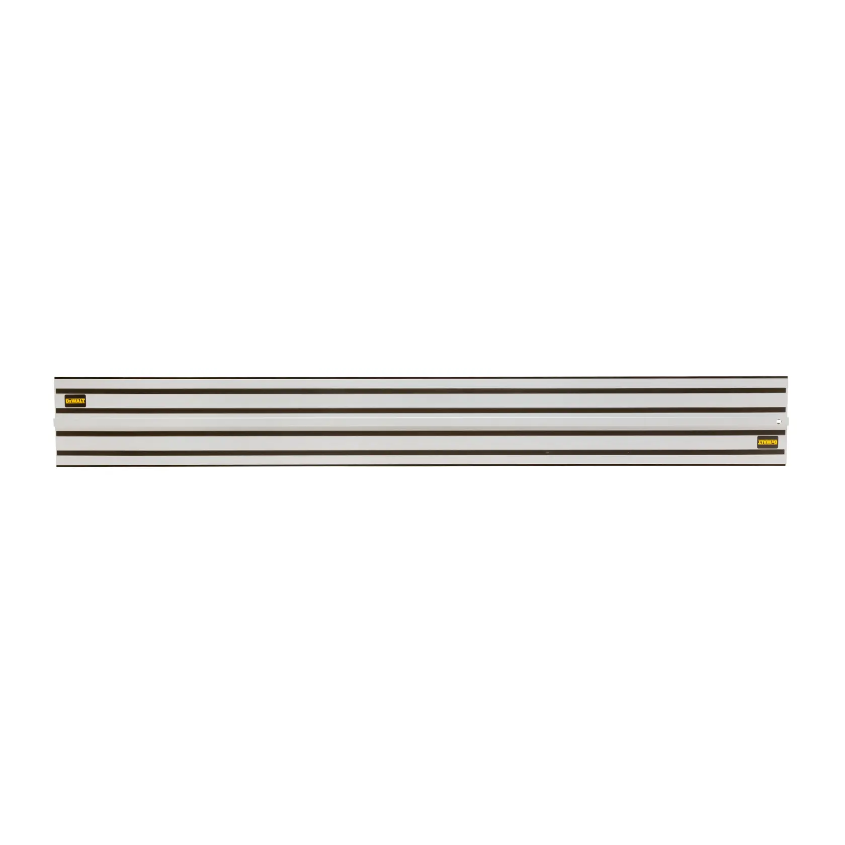 DEWALT DWS5022 metal track for circular saws, with black grooves and yellow logo on ends.