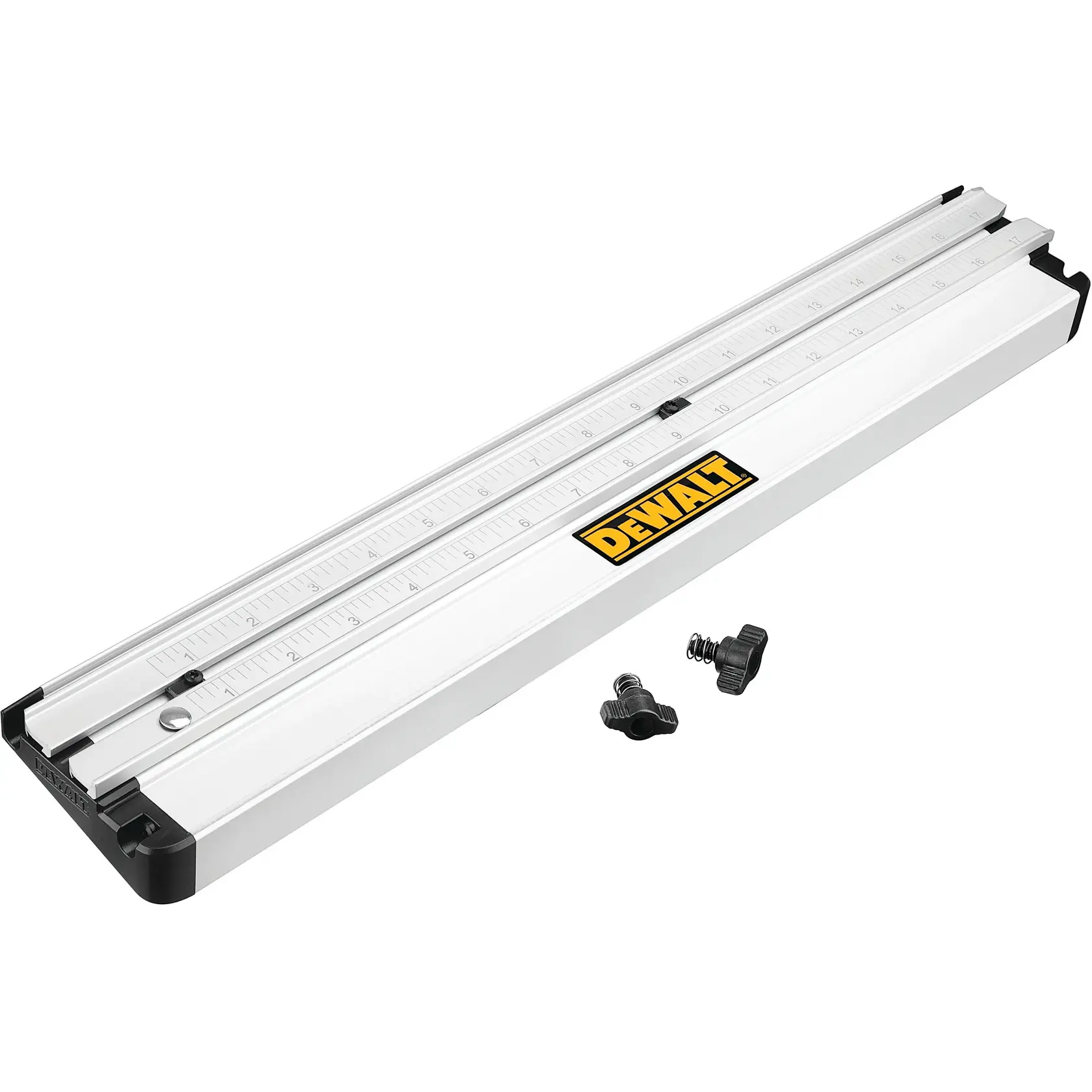 DEWALT DWS5100 aluminum rip fence with ruler markings and mounting hardware.