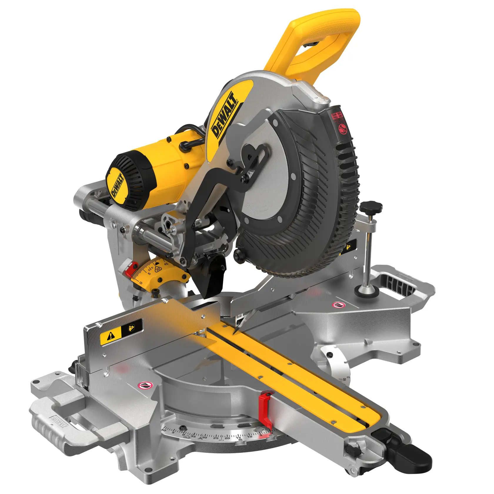 DEWALT DWS780, DWS780KIT saw in use at a construction site. Worker wears safety gear. Photography product category.