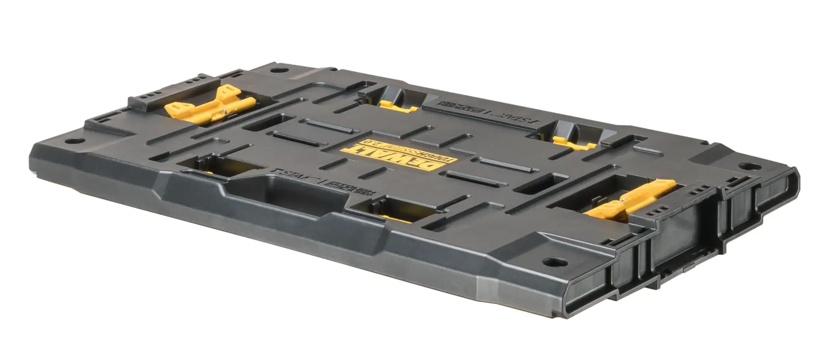 Flacher schwarzer DEWALT-Koffer mit gelben Elementen, robustes Kunststoff, sichere Verschlüsse für Werkzeuglagerung.