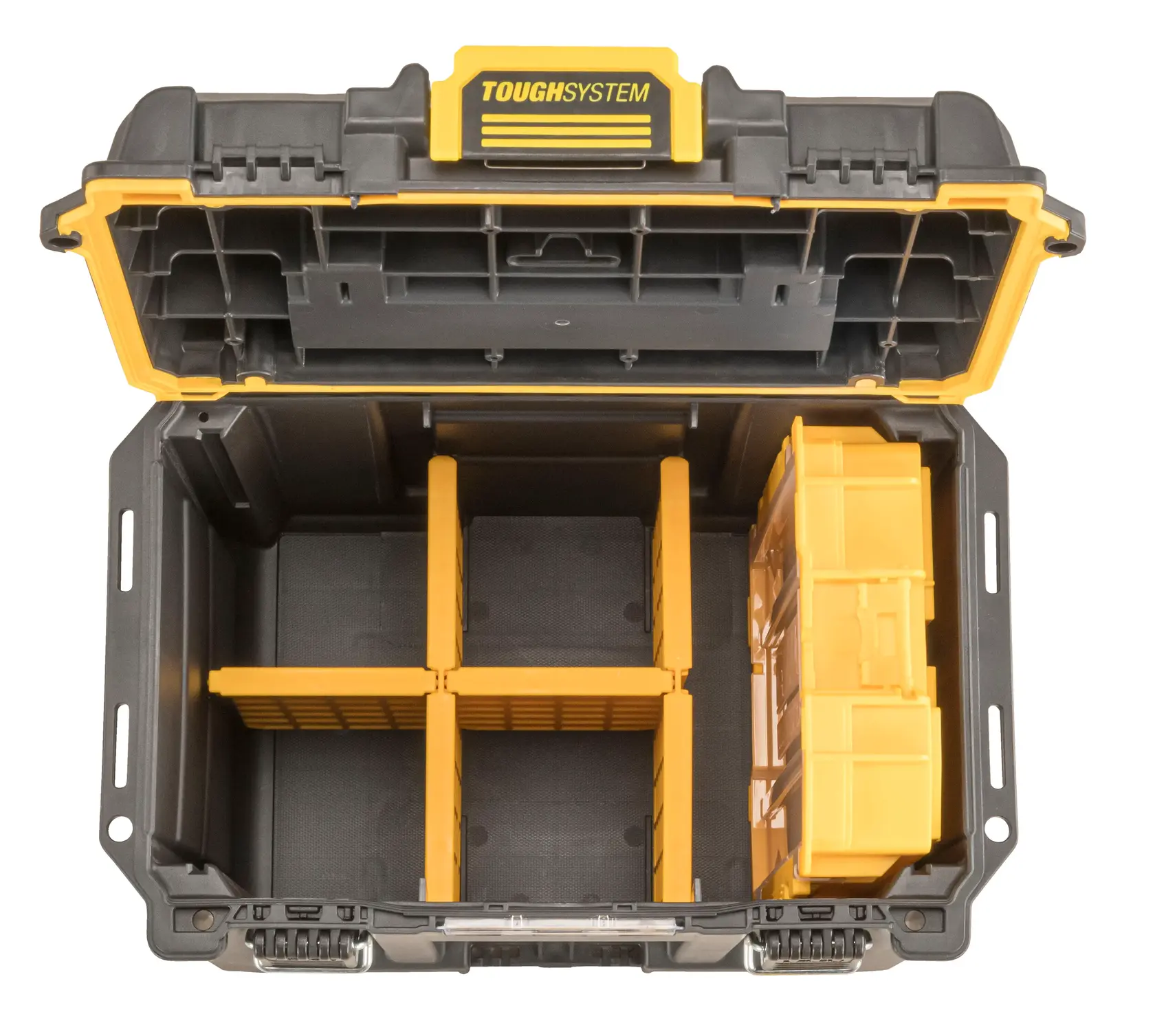 DEWALT DWST08035-1 black and yellow organizer box with open lid, dividers, and compartments, top-down view.