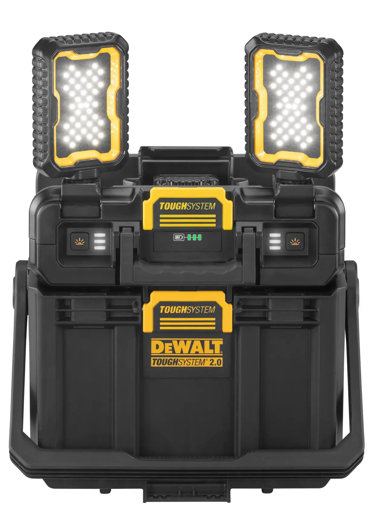 DEWALT ToughSystem 2.0 storage box with two LED work lights attached on top, black and yellow design.