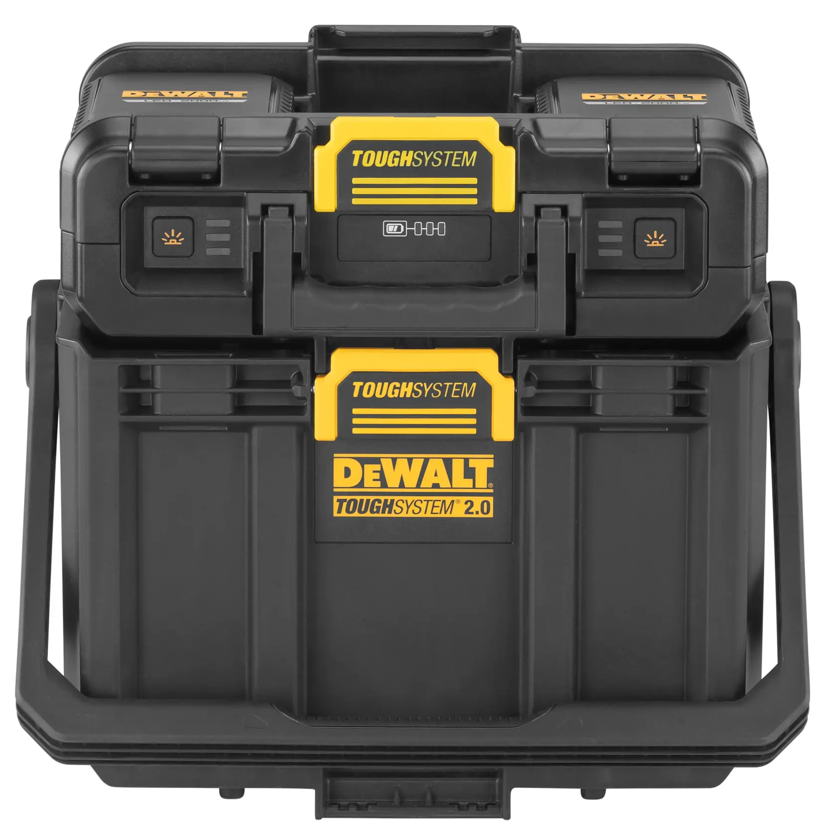DEWALT ToughSystem 2.0 promotional graphic with the slogan 'Storage Built to Handle It' in large, bold yellow lettering on a dark, textured background.