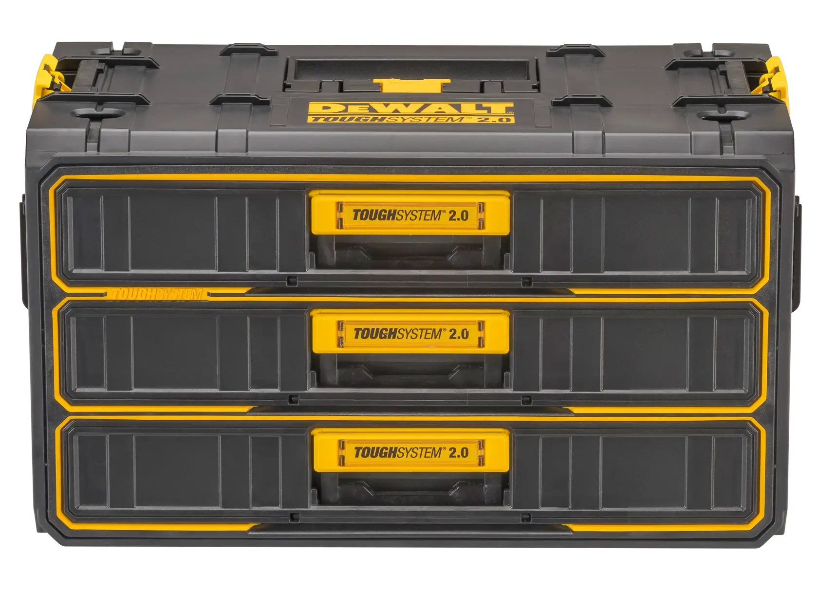 DEWALT ToughSystem 2.0 storage box with three drawers, black and yellow, durable for storing tools and accessories.