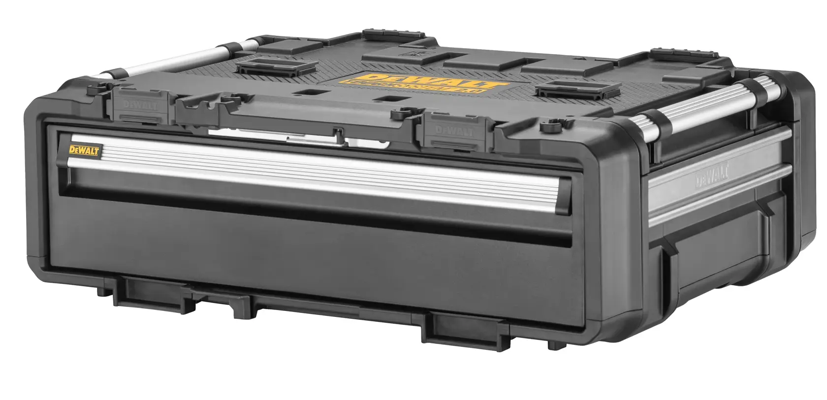 DEWALT ToughSystem 2.0 promotional graphic with the slogan 'Storage Built to Handle It' in large, bold yellow lettering on a dark, textured background.
