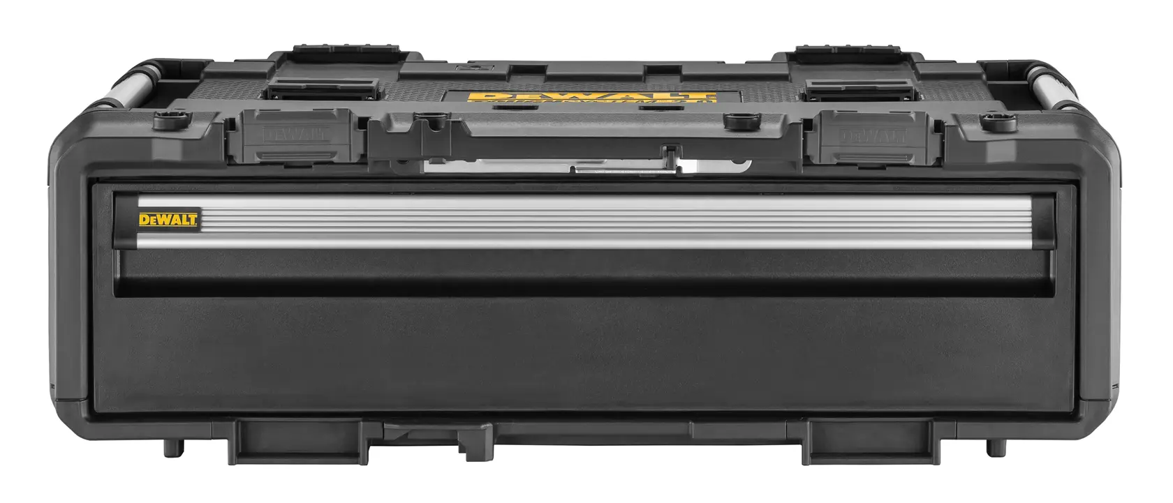 DEWALT ToughSystem 2.0 promotional graphic with the slogan 'Storage Built to Handle It' in large, bold yellow lettering on a dark, textured background.