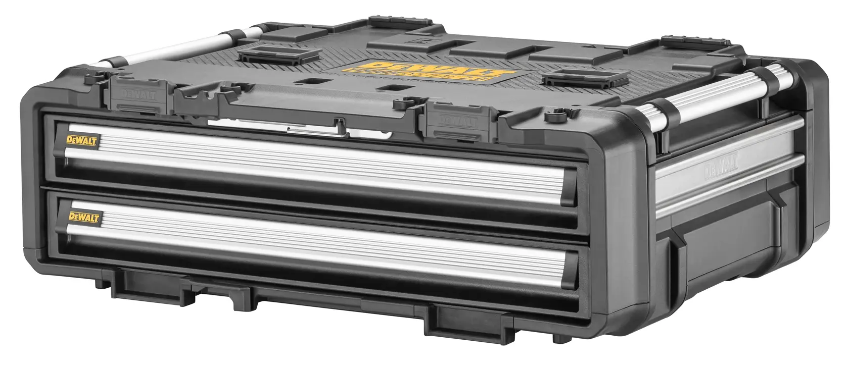 DEWALT ToughSystem 2.0 promotional graphic with the slogan 'Storage Built to Handle It' in large, bold yellow lettering on a dark, textured background.