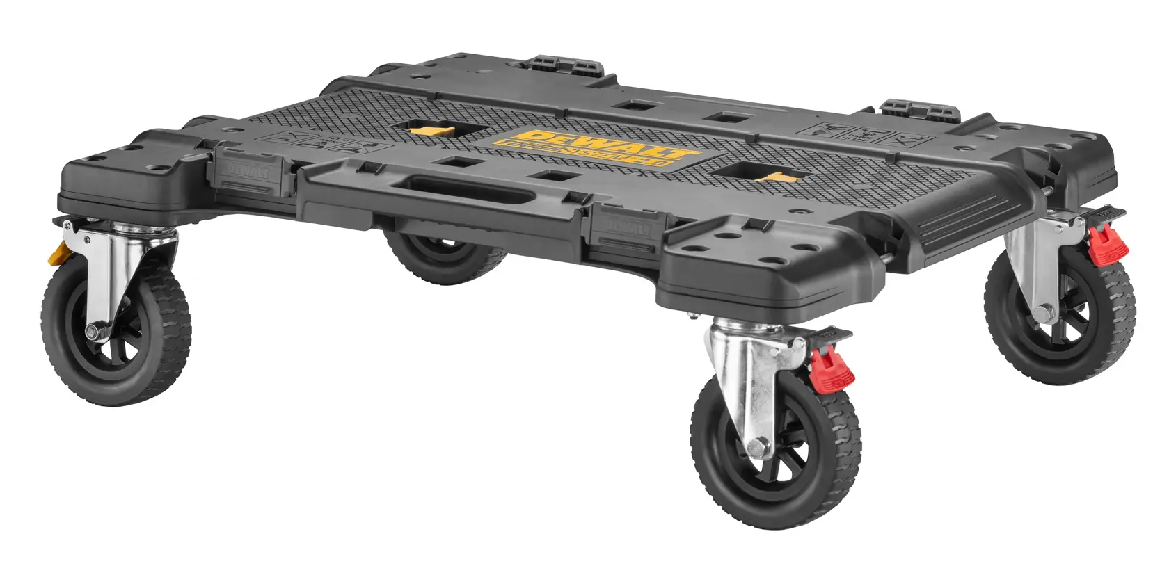 Black DEWALT rolling platform with four wheels for transporting heavy items, seen on a white background.