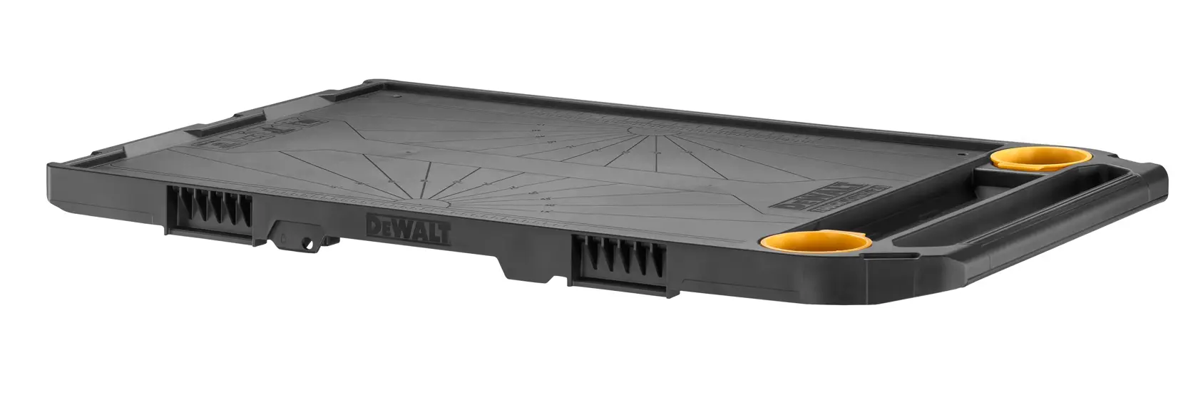 Black DEWALT photography tray with two yellow holders, flat and rectangular, for tool or accessory organization.