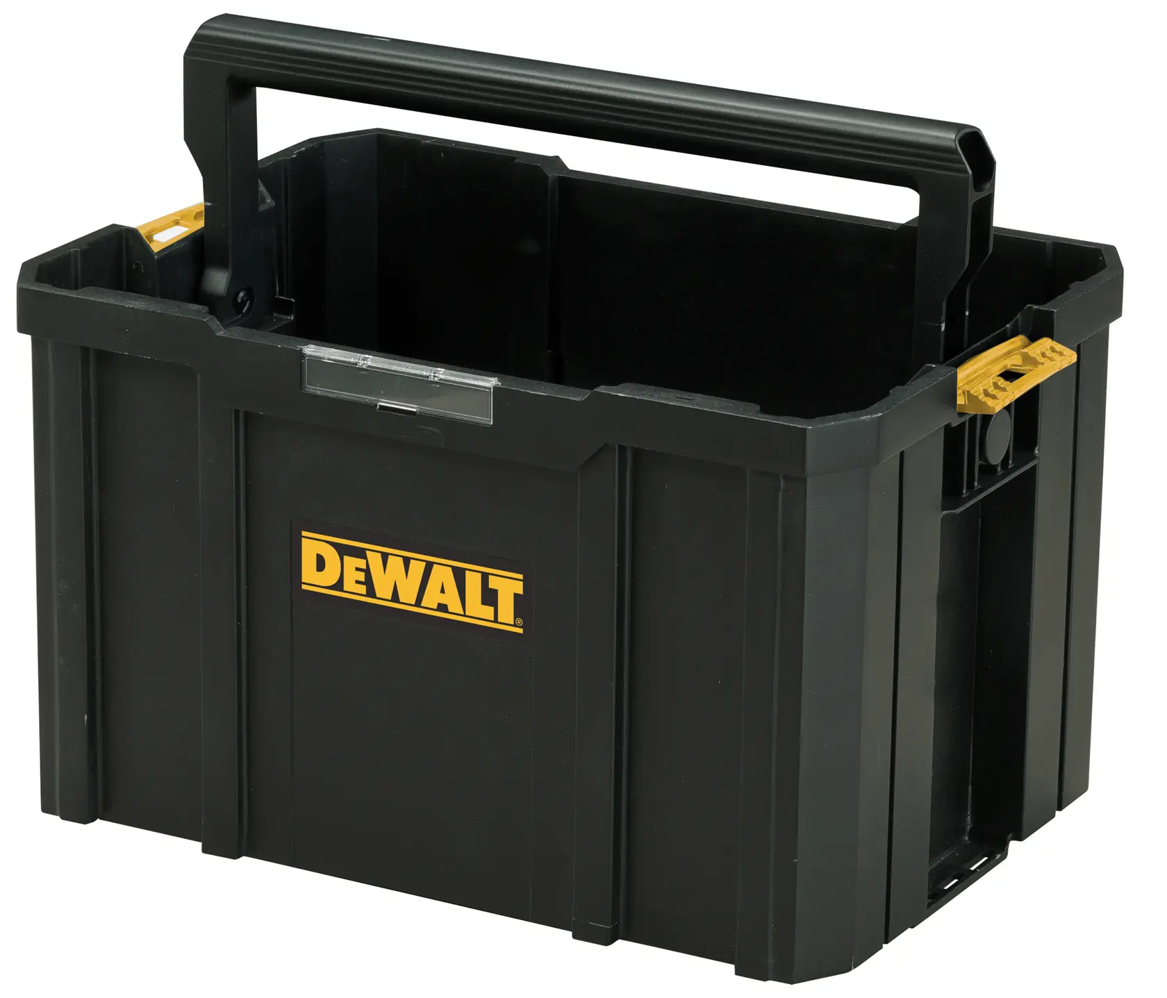 Black DEWALT open toolbox with handle, sturdy design for tool storage and transport.