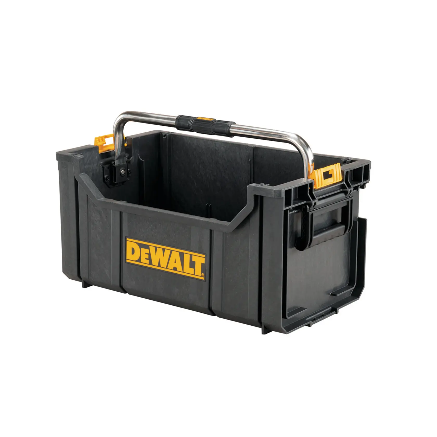 Black DEWALT open tool box with yellow logo and metal handle for carrying tools.