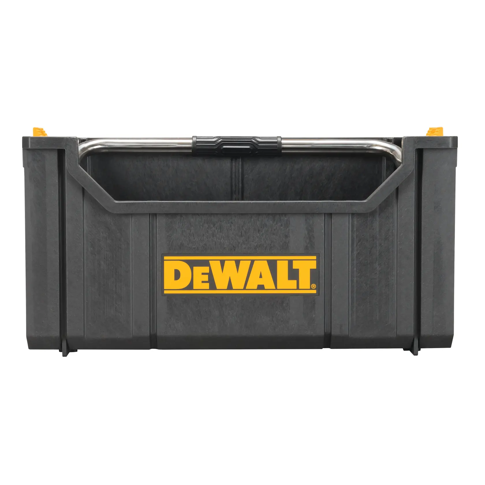Graphique promotionnel DEWALT ToughSystem 2.0 avec le slogan 'Storage Built to Handle It' en grandes lettres jaunes sur un fond sombre texturé.