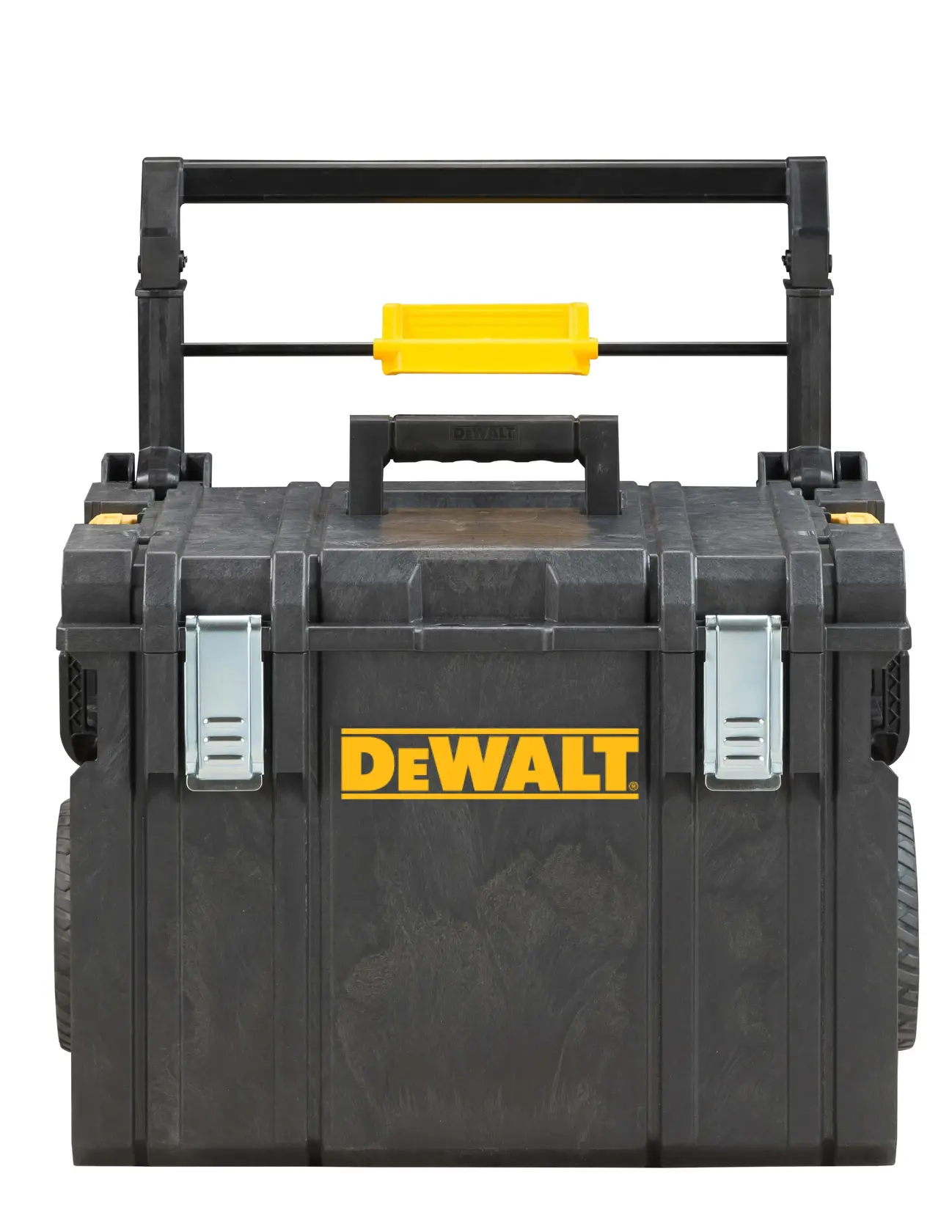 DEWALT ToughSystem 2.0 promotional graphic with the slogan 'Storage Built to Handle It' in large, bold yellow lettering on a dark, textured background.