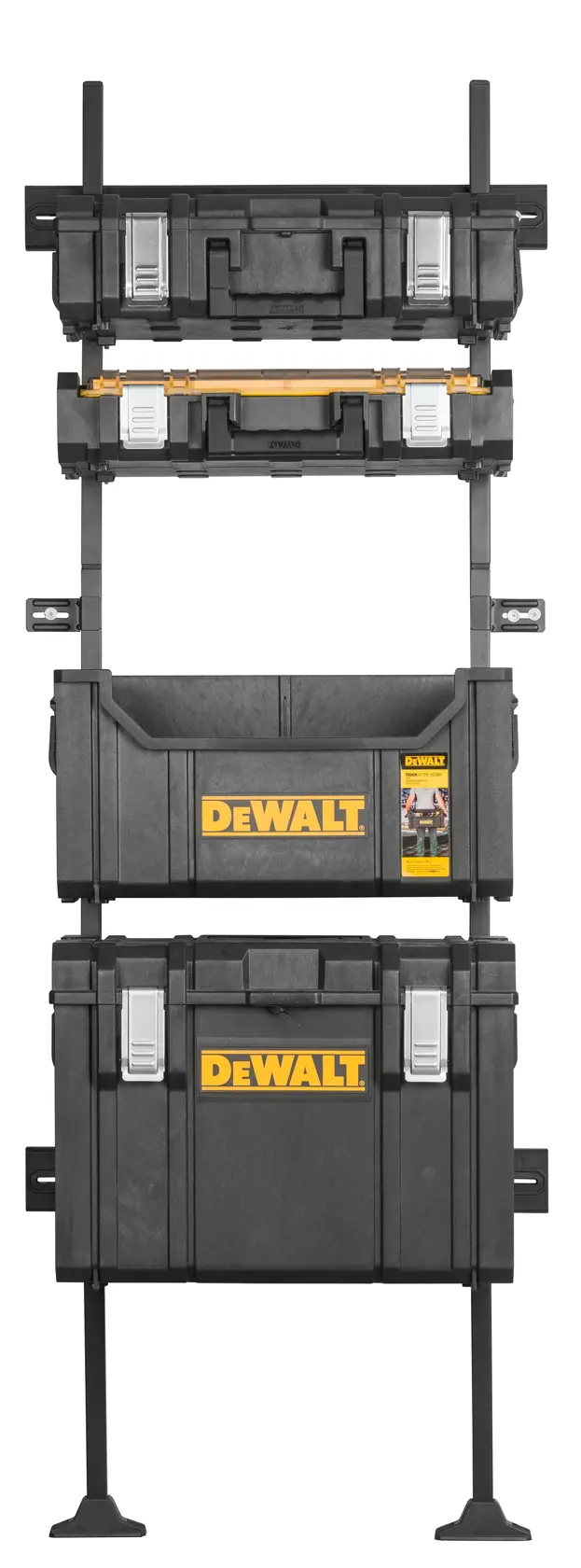 Graphique promotionnel DEWALT ToughSystem 2.0 avec le slogan 'Storage Built to Handle It' en grandes lettres jaunes sur un fond sombre texturé.