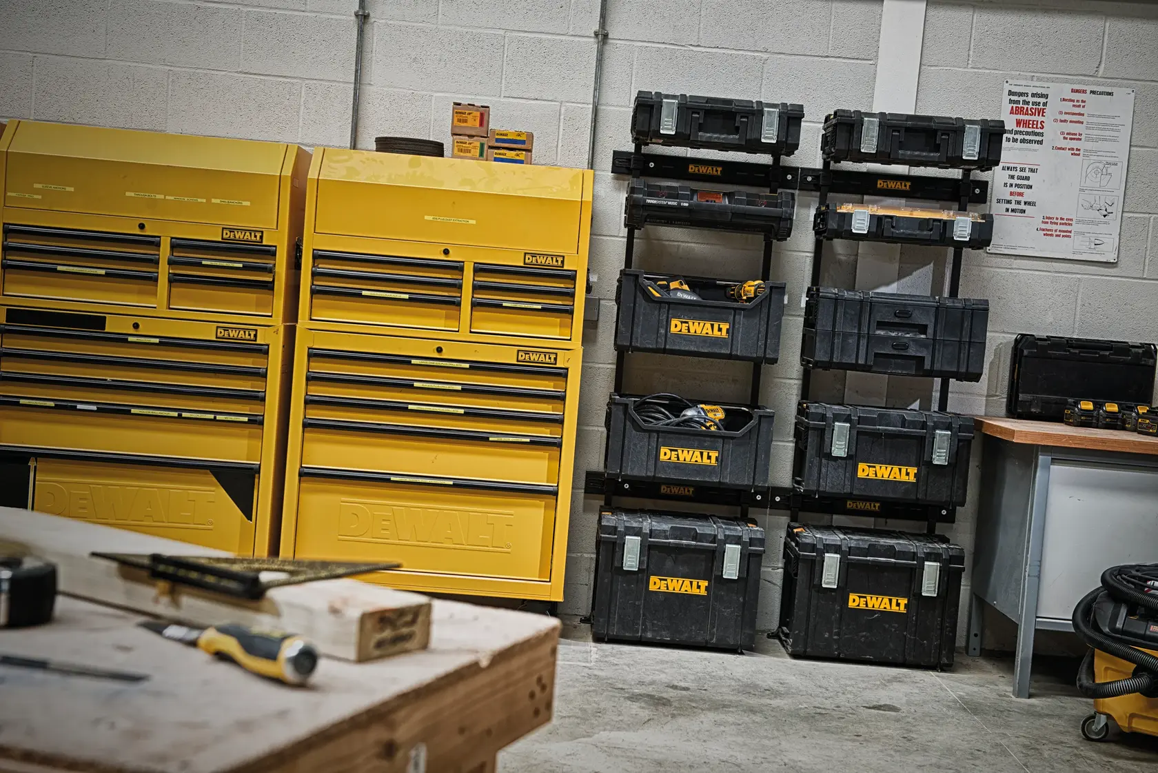 DEWALT ToughSystem 2.0 promotional graphic with the slogan 'Storage Built to Handle It' in large, bold yellow lettering on a dark, textured background.