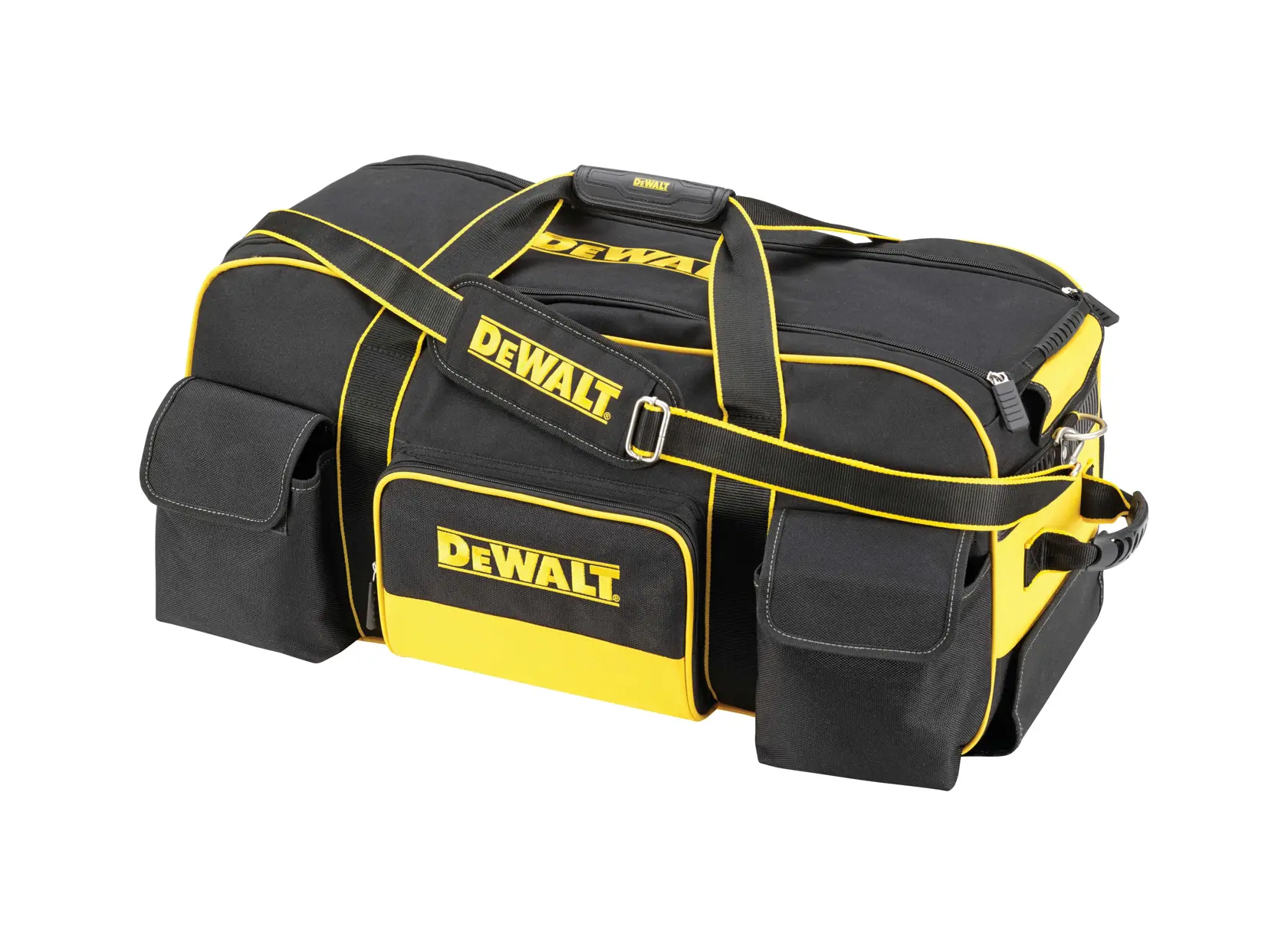 DEWALT black and yellow tool bag with multiple pockets and shoulder strap, suitable for storing tools.