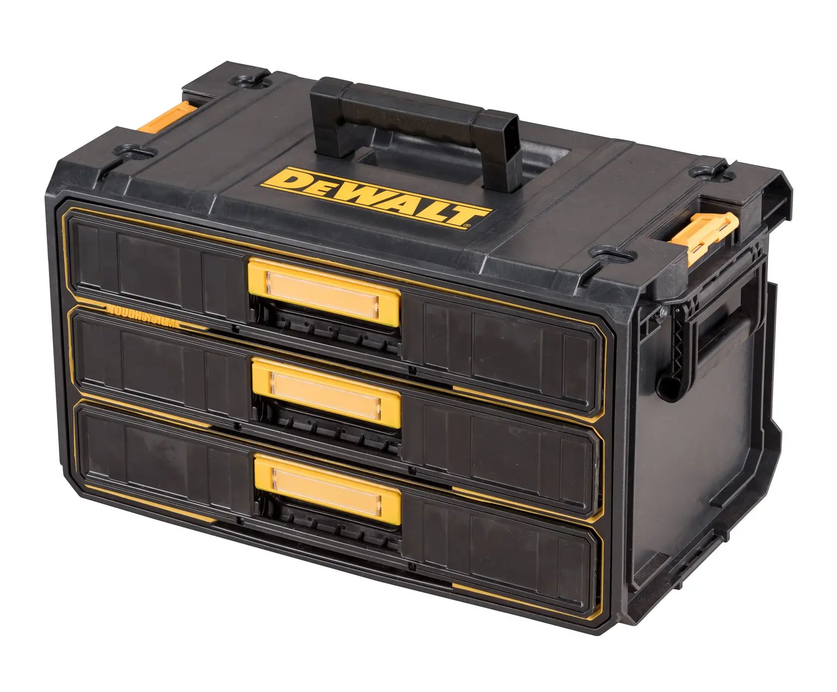 DEWALT black toolbox with three yellow-front drawers and a handle, designed for organized storage of tools.
