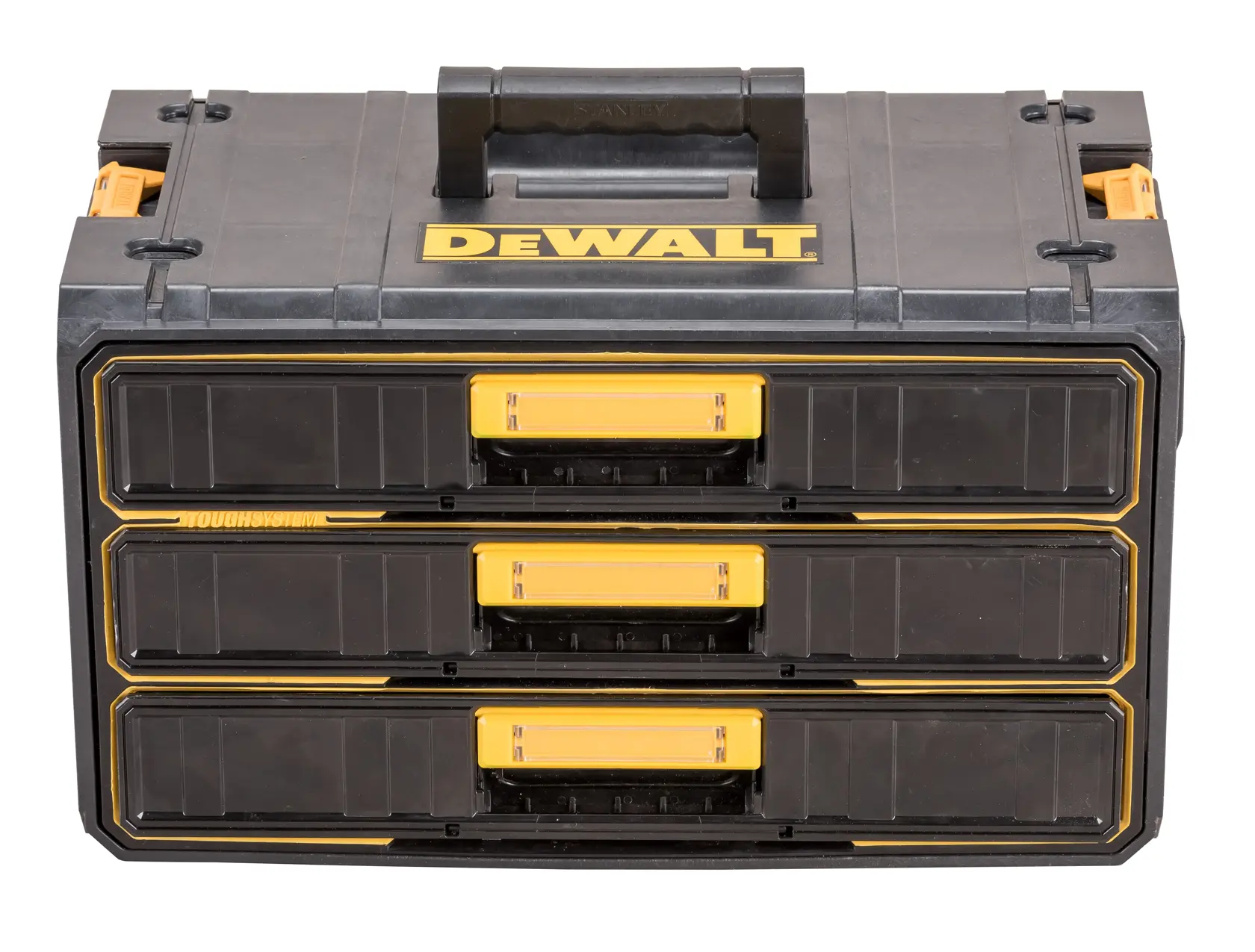 DEWALT black and yellow tool organiser with three drawers and a carrying handle, front view.