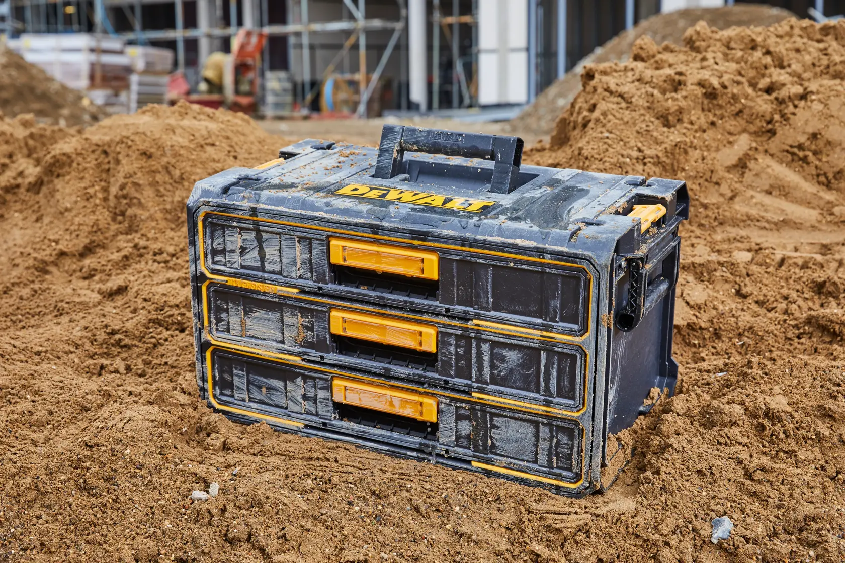 DEWALT tool storage box with three drawers on a construction site, covered in dirt.