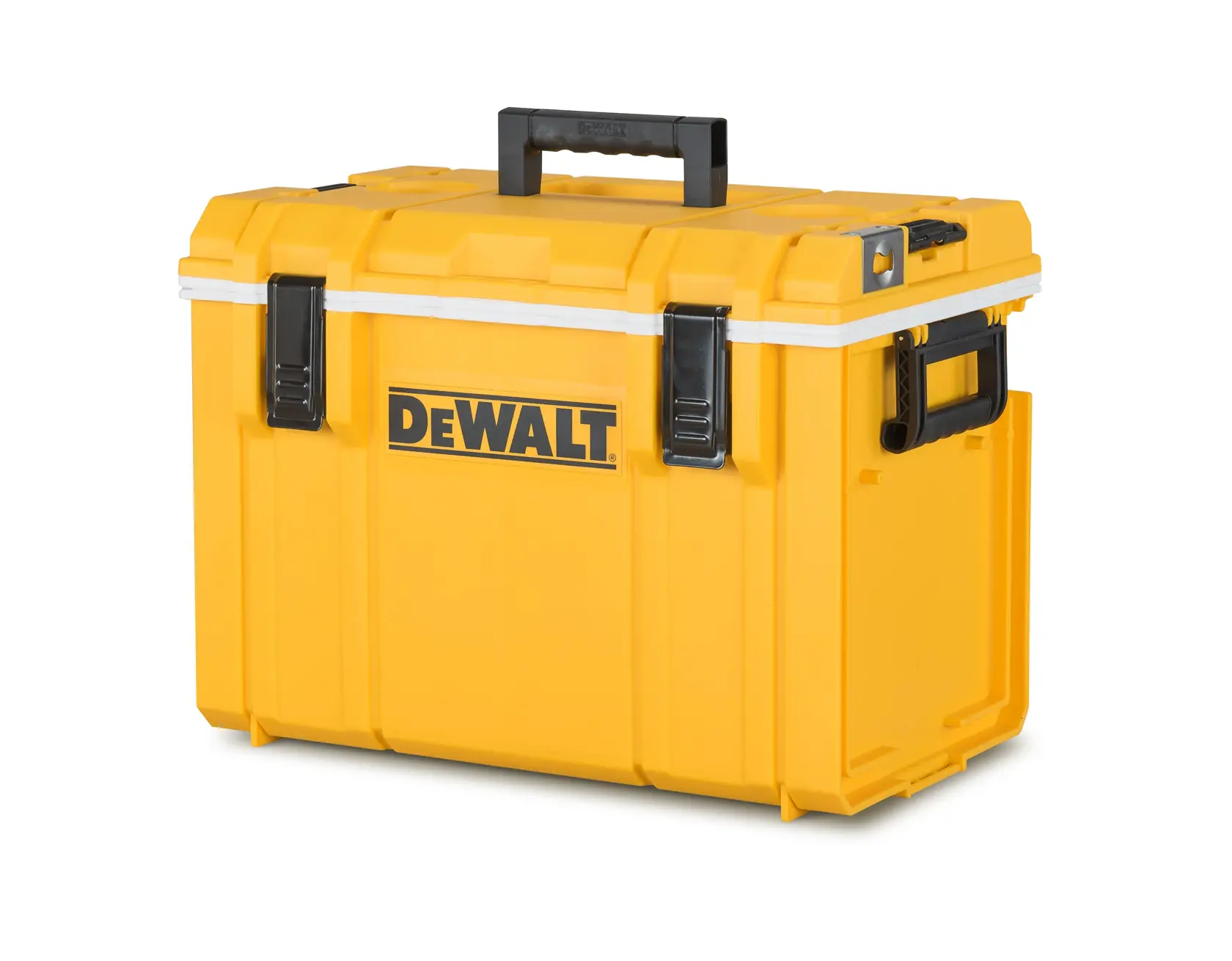 Yellow DEWALT toolbox with black handle and latches, designed for secure storage and easy transport of tools.